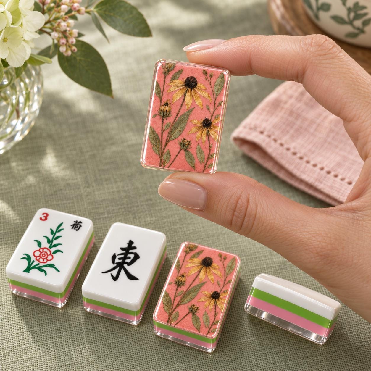 Pressed Flower Mahjong Tiles, 4-Layered Acrylic American Mahjong Set, Pink Botanical Tile Set, Floral Mahjong Gift, Host
