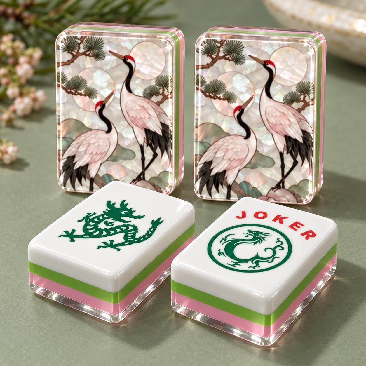 Crane and Pine Mahjong Tiles, 4-Layer American Mahjong Set, Faux Mother of Pearl Design, Pink and Green Chinoiserie, Hos
