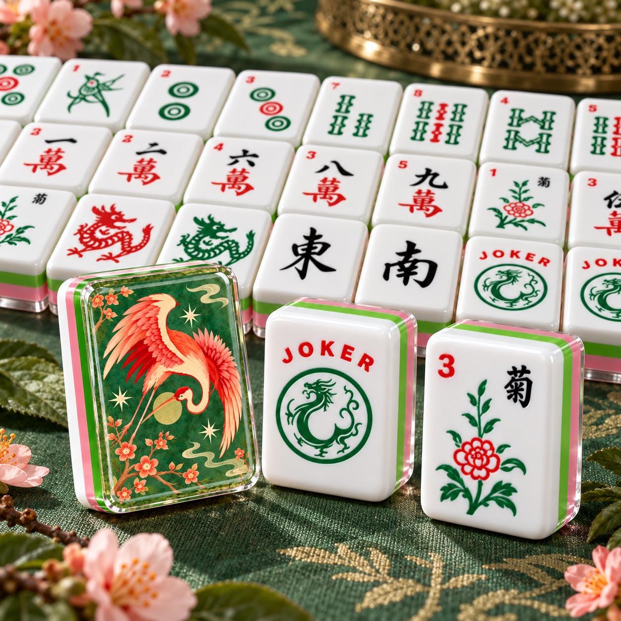 Crane Cherry Blossom Mahjong Tiles, Pink Green Chinoiserie 4-Layer American Mahjong Set, Mahjong Gift for Her - 2