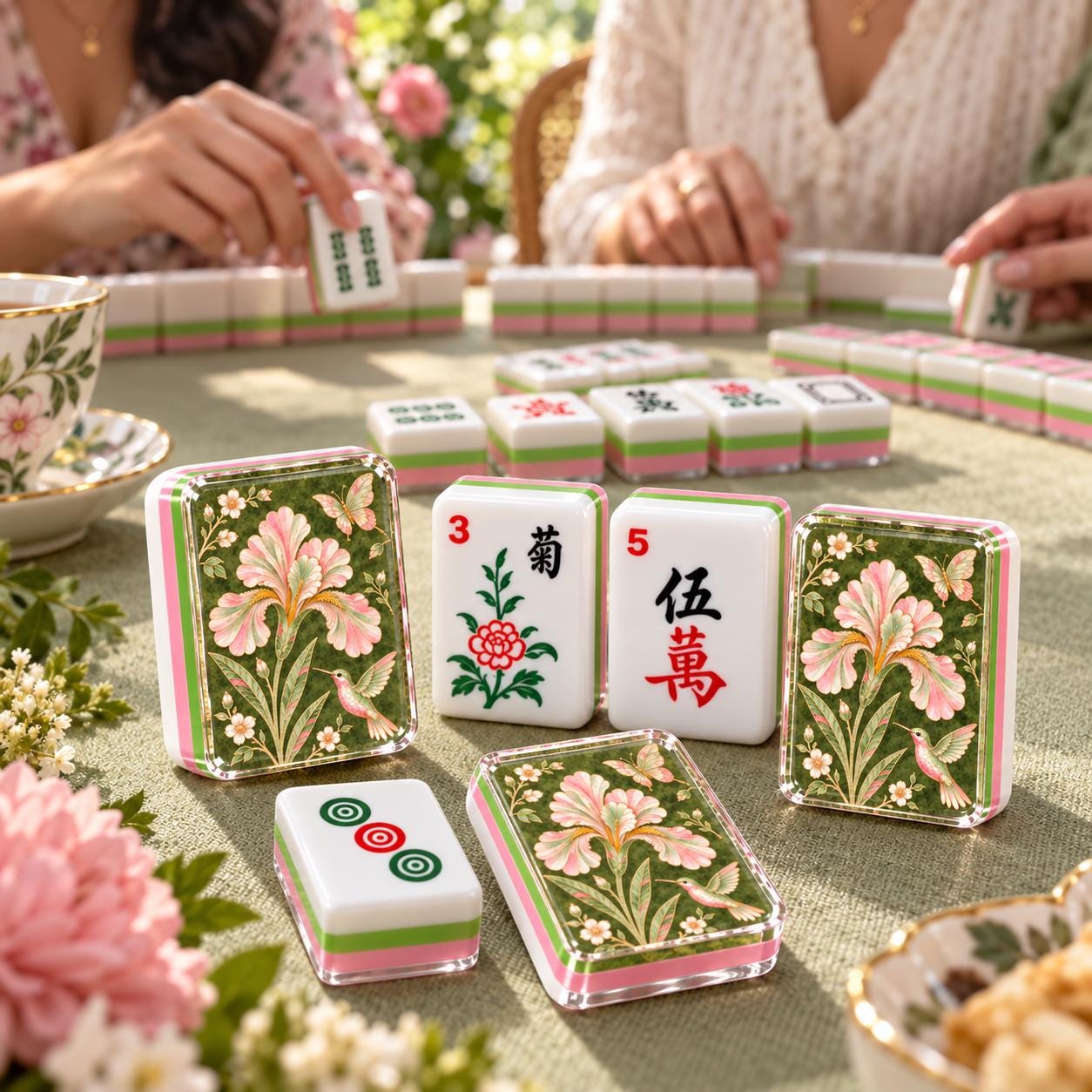 Green Floral Mahjong Tiles, Pink Green Iris Hummingbird Mahjong Set, 4-Layer Acrylic Mahjong Tiles, Mahjong Gift for Her