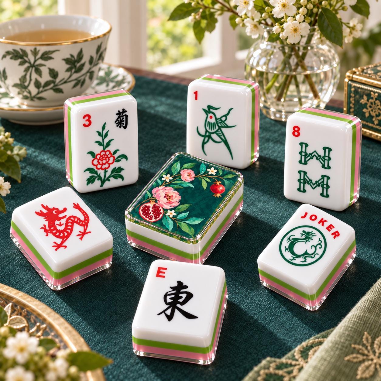 Pomegranate Floral 4-Layer Mahjong Tiles, Fall Botanical American Mahjong Set, Pink Green Acrylic Mahjong Tiles, Mahjong