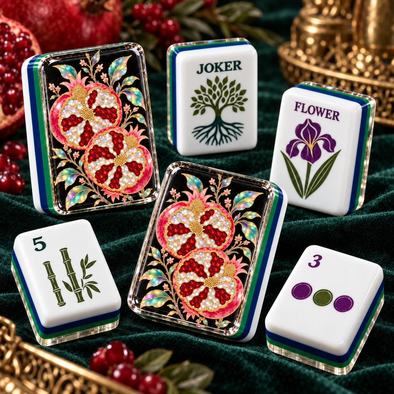 Pomegranate Mahjong Tiles, 4-Layer American Mahjong Set, Fall Inspired Botanical Fruit Acrylic Tiles, Mediterranean Mahj