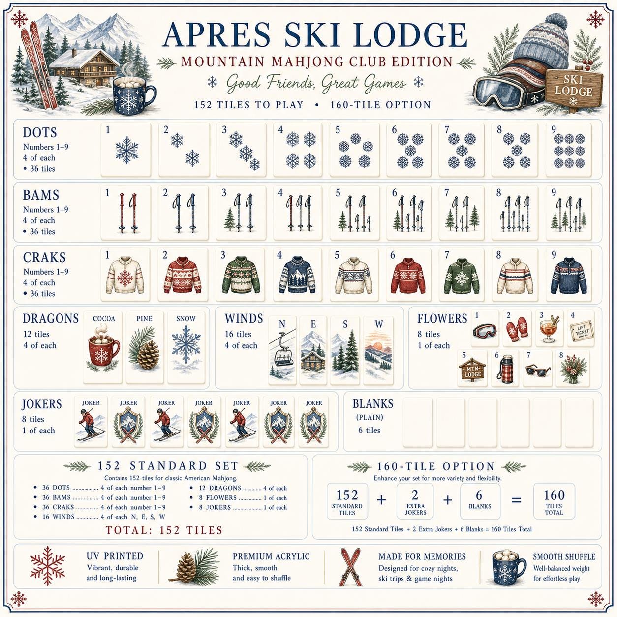 Winter Ski Resort American Mahjong Set, Cozy Alpine Themed Tiles, Mountain Cabin & Pine Trees, Holiday Gathering, Family