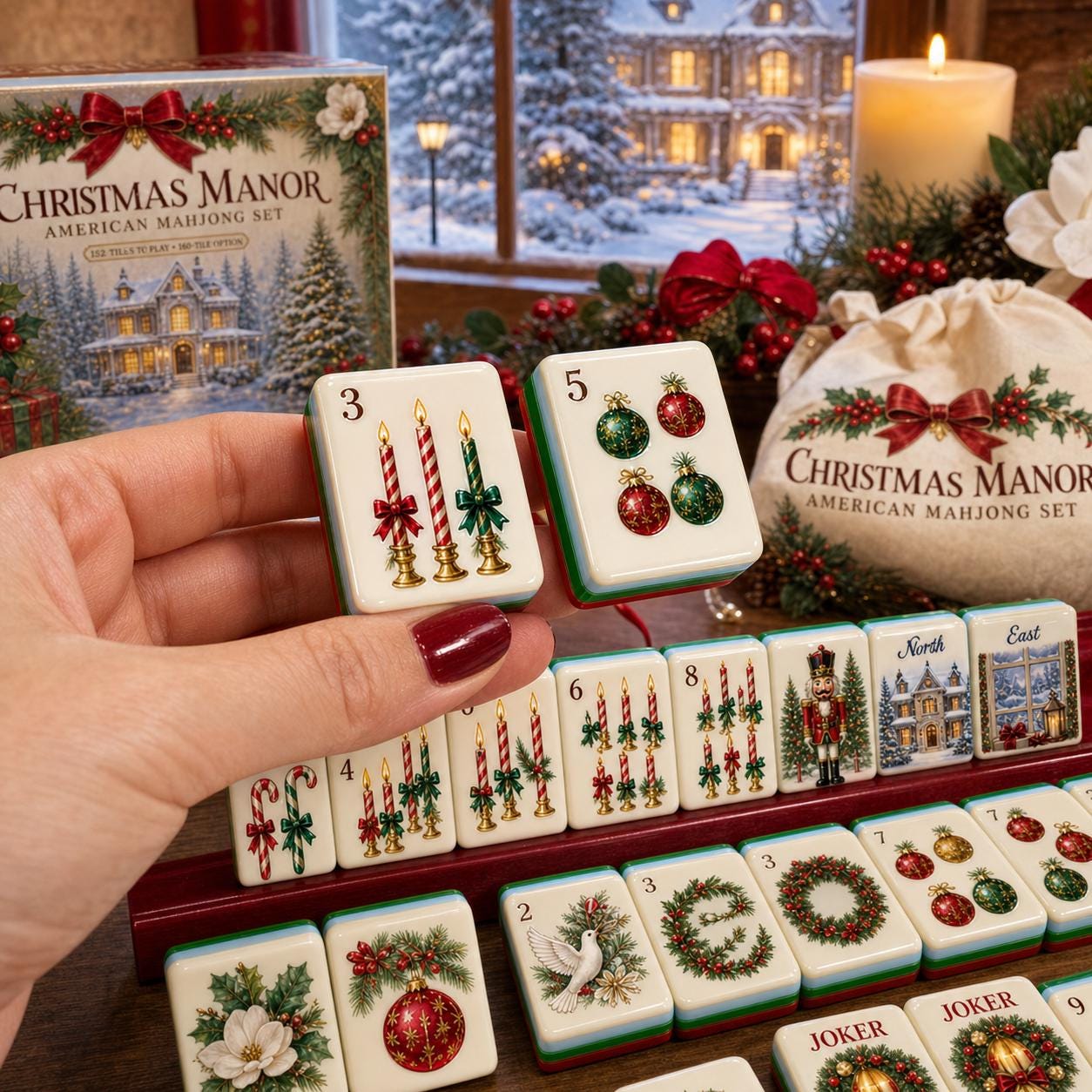 Christmas Holiday American Mahjong Tiles Set,Red Back Travel Mahjong, Holiday Poinsettia Wreath Dove Design,Festive Game