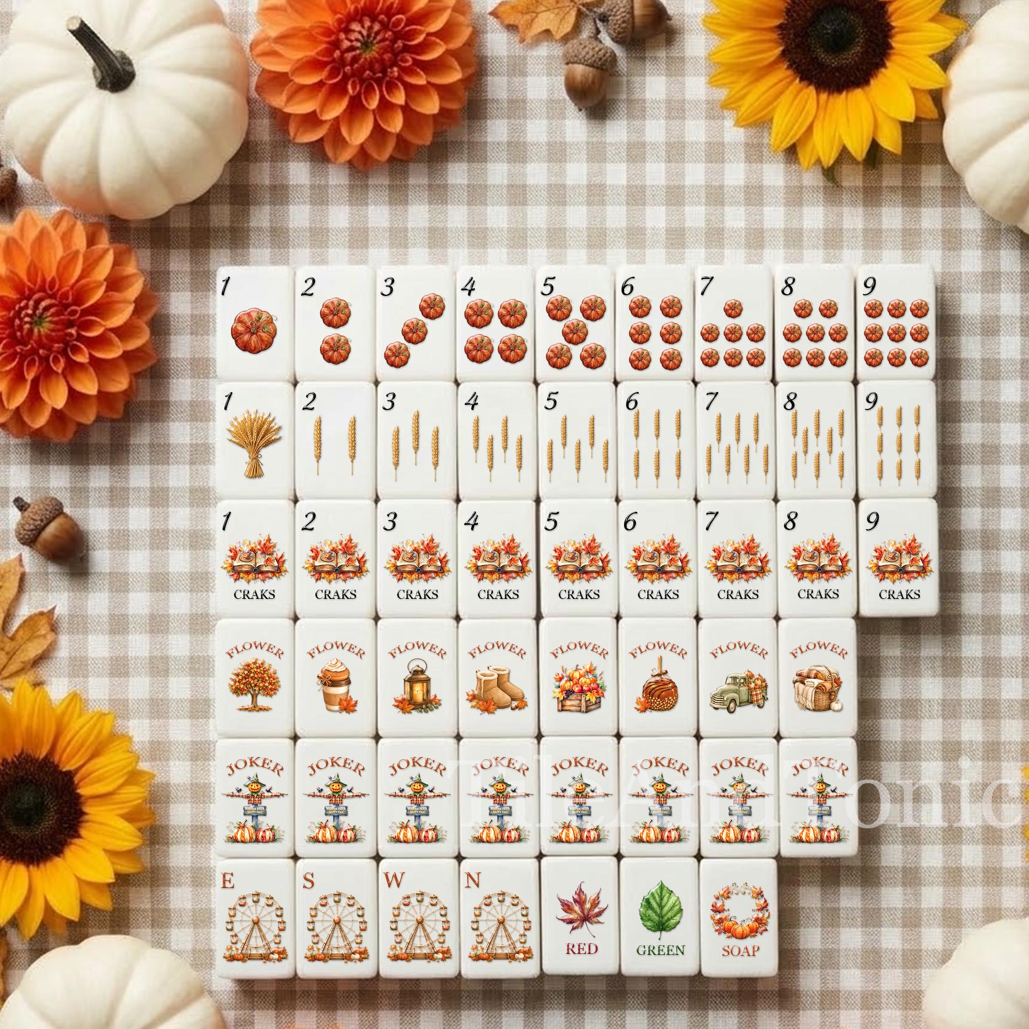 Autumn Harvest American Mahjong Set | Pumpkin & Wheat Fall Tiles | Scarecrow Joker Mahjongg | Thanksgiving Table Game Gi