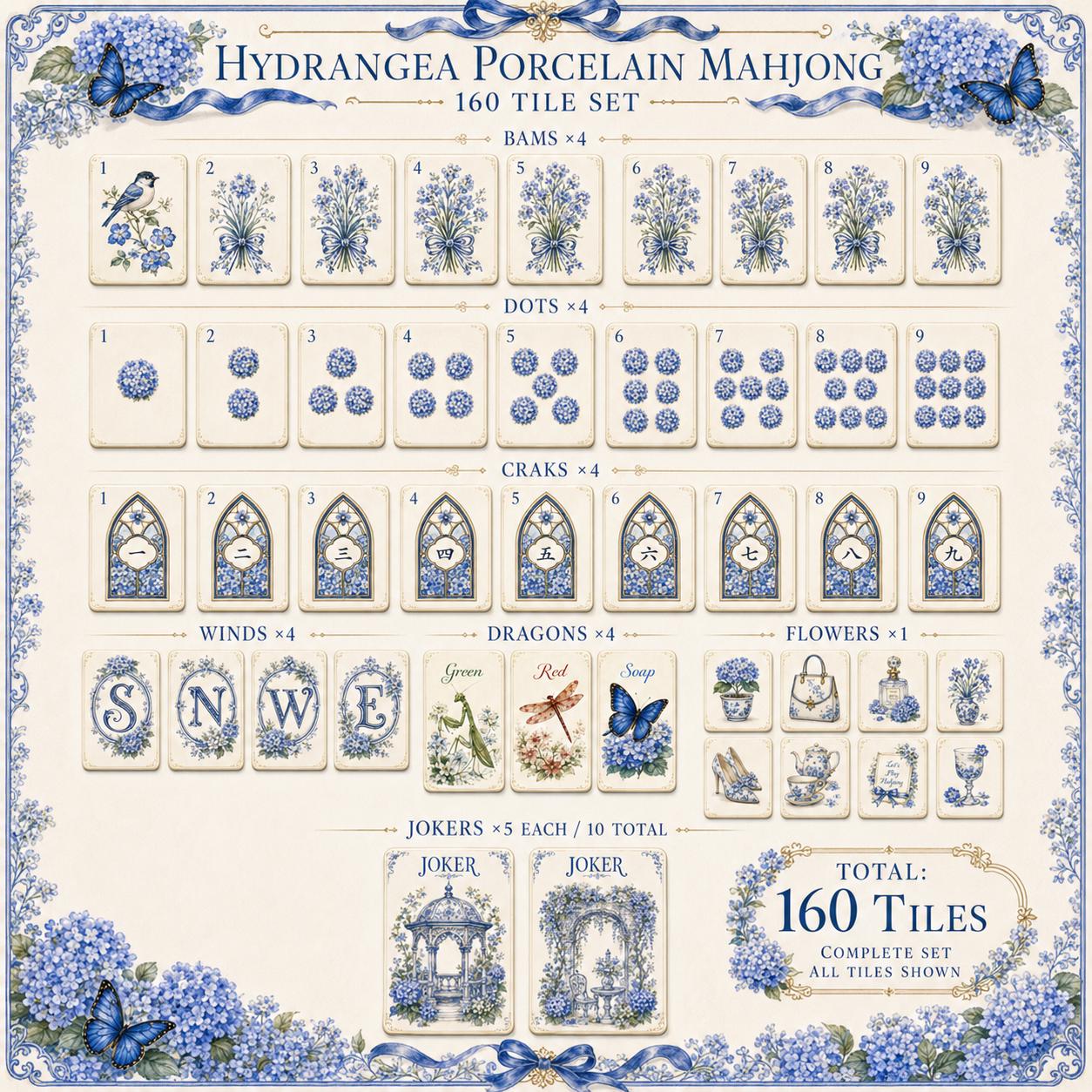 Hydrangea Acrylic American Mahjong Set, 160 Tile Blue & White Floral Mahjong Tiles,Porcelain Inspired Butterfly Design,U