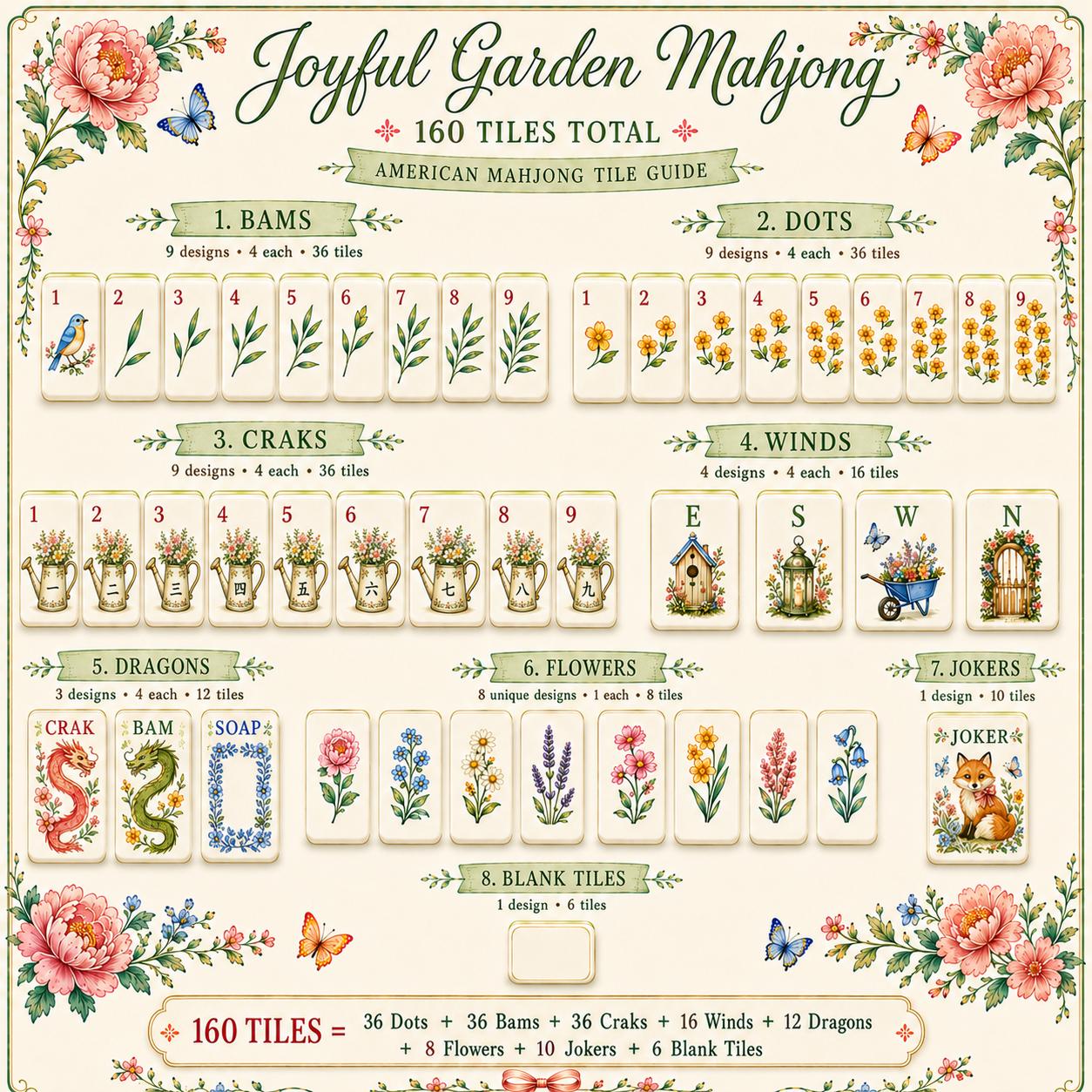 Botanical Acrylic Mahjong Set, Floral Garden Mahjong Tiles, Vintage Flower Illustration American Mahjong Game, Gift for