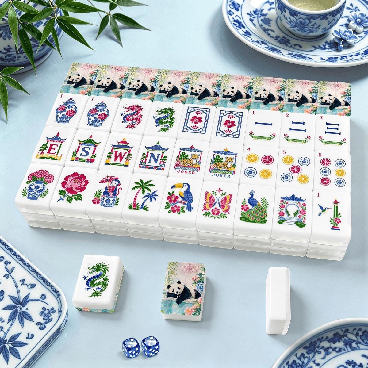 Chinoiserie Mahjong Set 160 Tiles, Blue White Porcelain Panda Acrylic Tiles, Grandmillennial Game Night, Unique Gift for