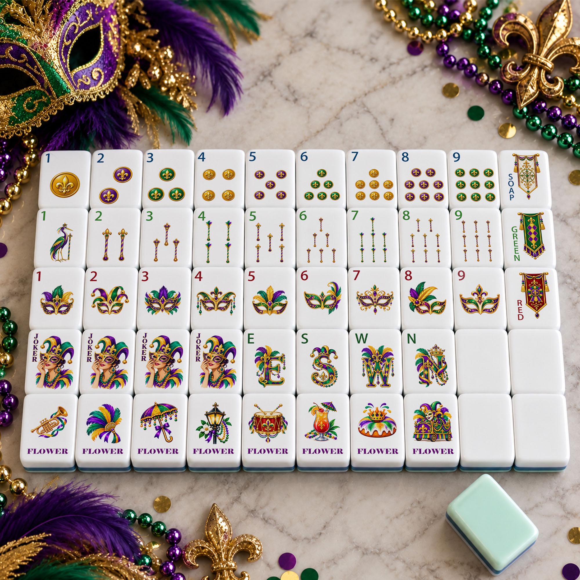 Mardi Gras American Mahjong Set, New Orleans Mah Jongg Tiles, Purple Green Gold Game Night Gift, Carnival Mahjong Set -