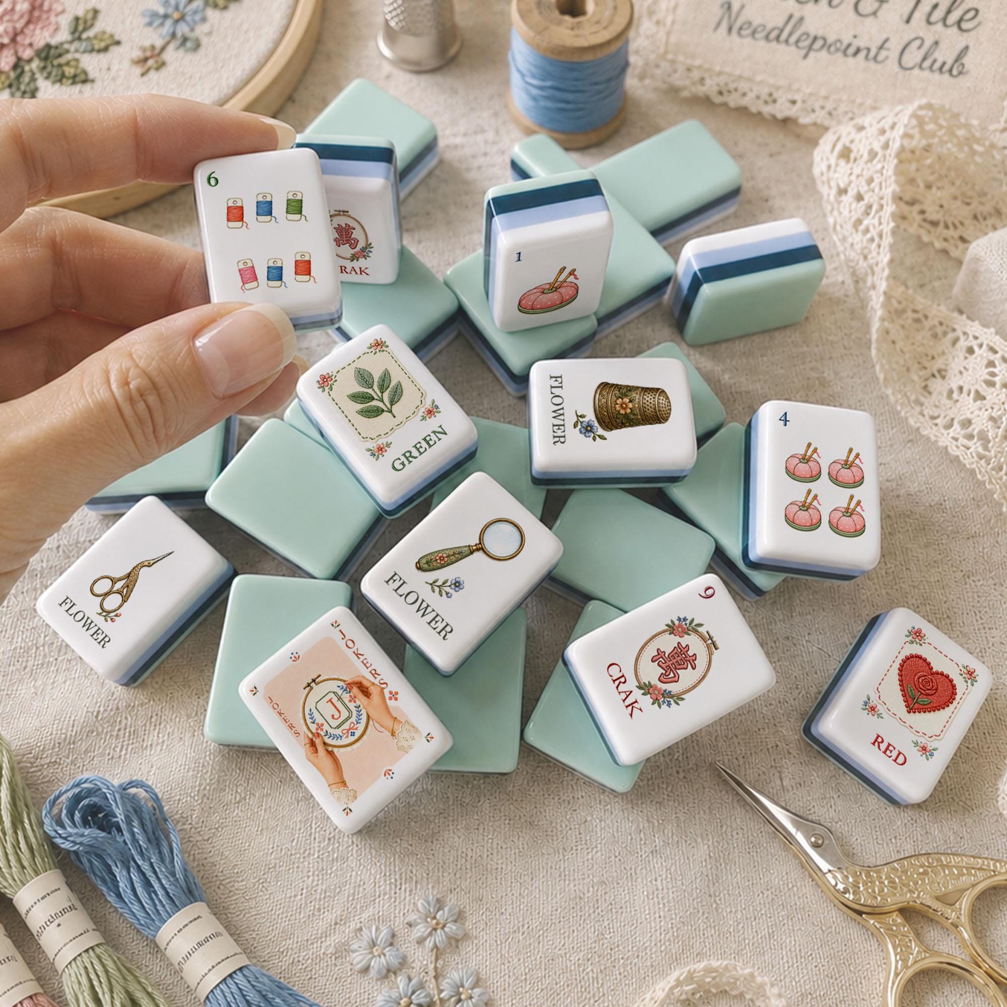 Embroidery Mahjong Set, Needlepoint Mahjong Tiles, Stitching Club Gift for Women, Craft Lover Mahjong, Unique Mahjong Gi