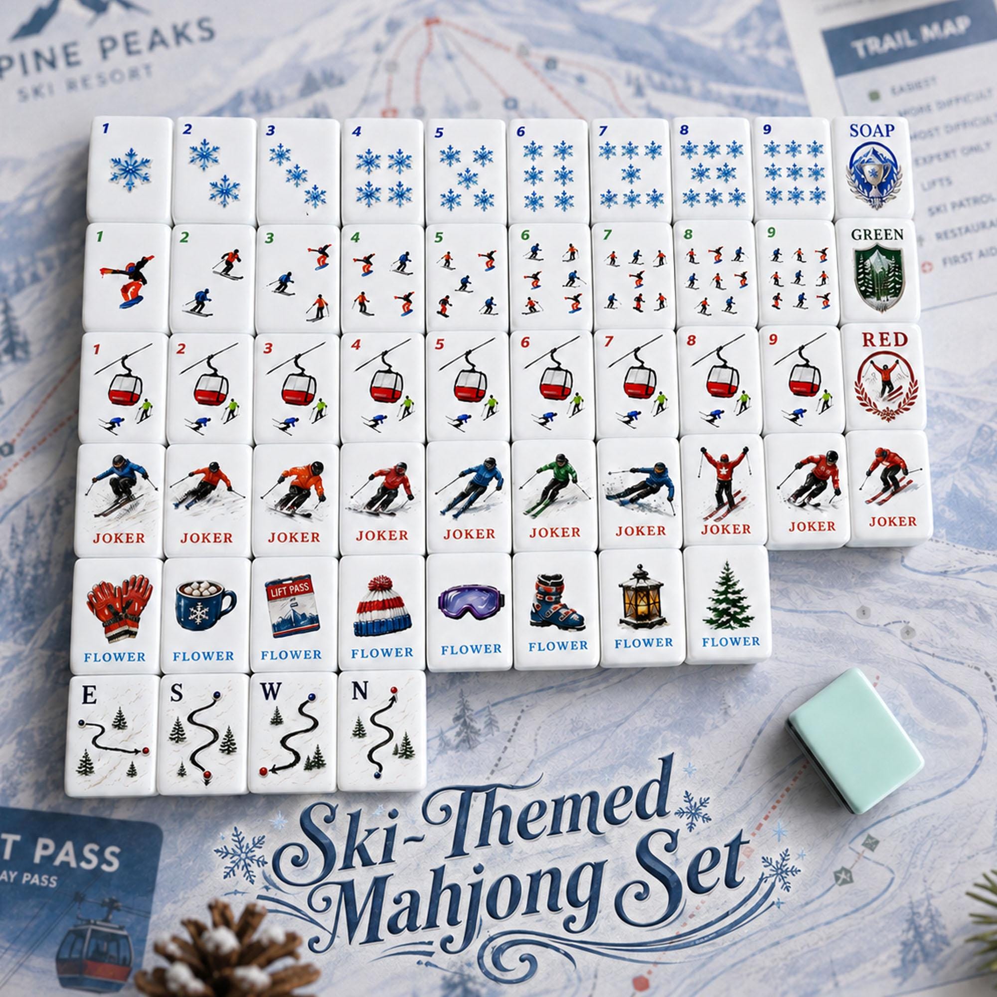 Ski Mahjong Set, Custom Winter Ski Mahjong Tiles, Gift for Skiers and Mahjong Lovers, UV Print 152 or 160 Tiles - 2
