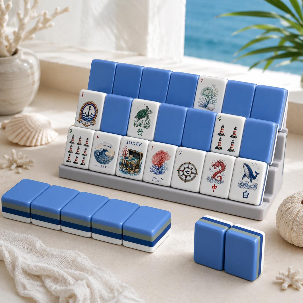 Luxury Coastal American Mahjong Set 160 Tiles, Nautical Acrylic UV Printed Mahjong Game, Beach House Gift with Jokers, B