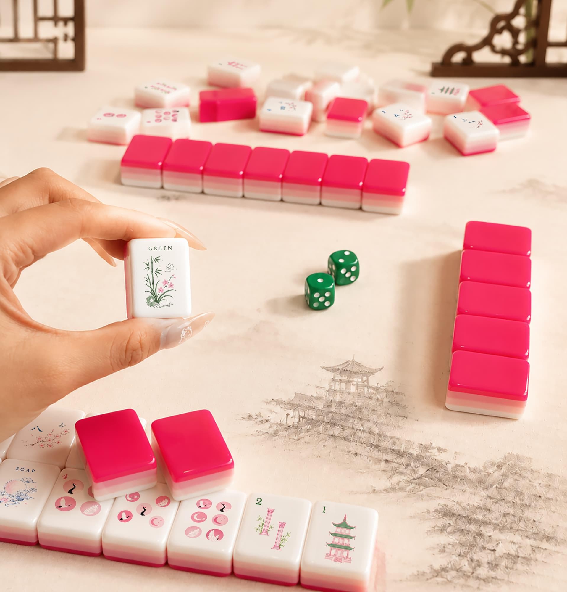 Pink Acrylic American Mahjong Set | UV Printed Floral Mahjong Tiles | 160 Tile Luxury Game Set | Gift for Mahjong Lovers