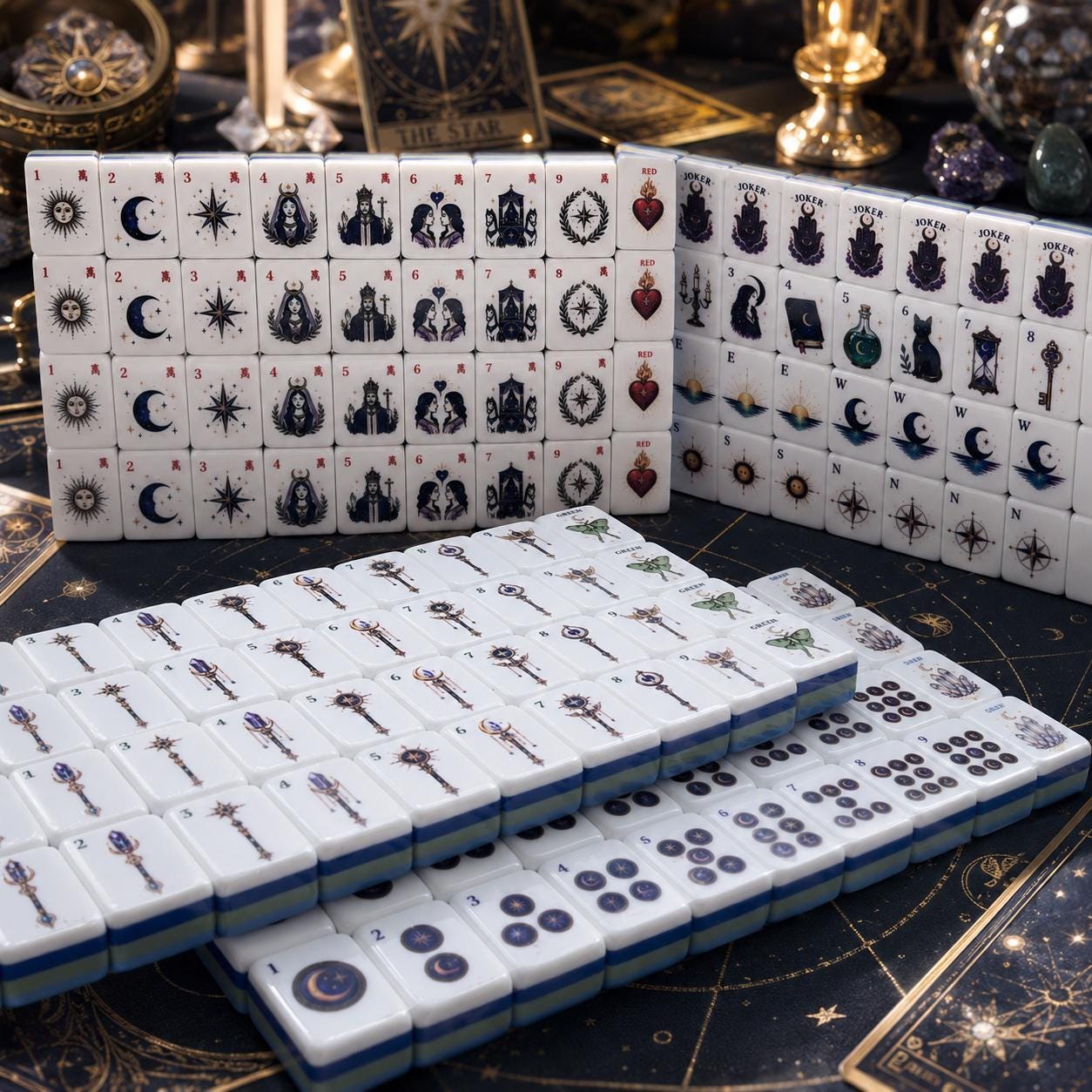 Mystic Celestial American Mahjong Set, Moon Crystal Astrology Mahjong Tiles, Fantasy Tarot Inspired Acrylic Game Set, Un