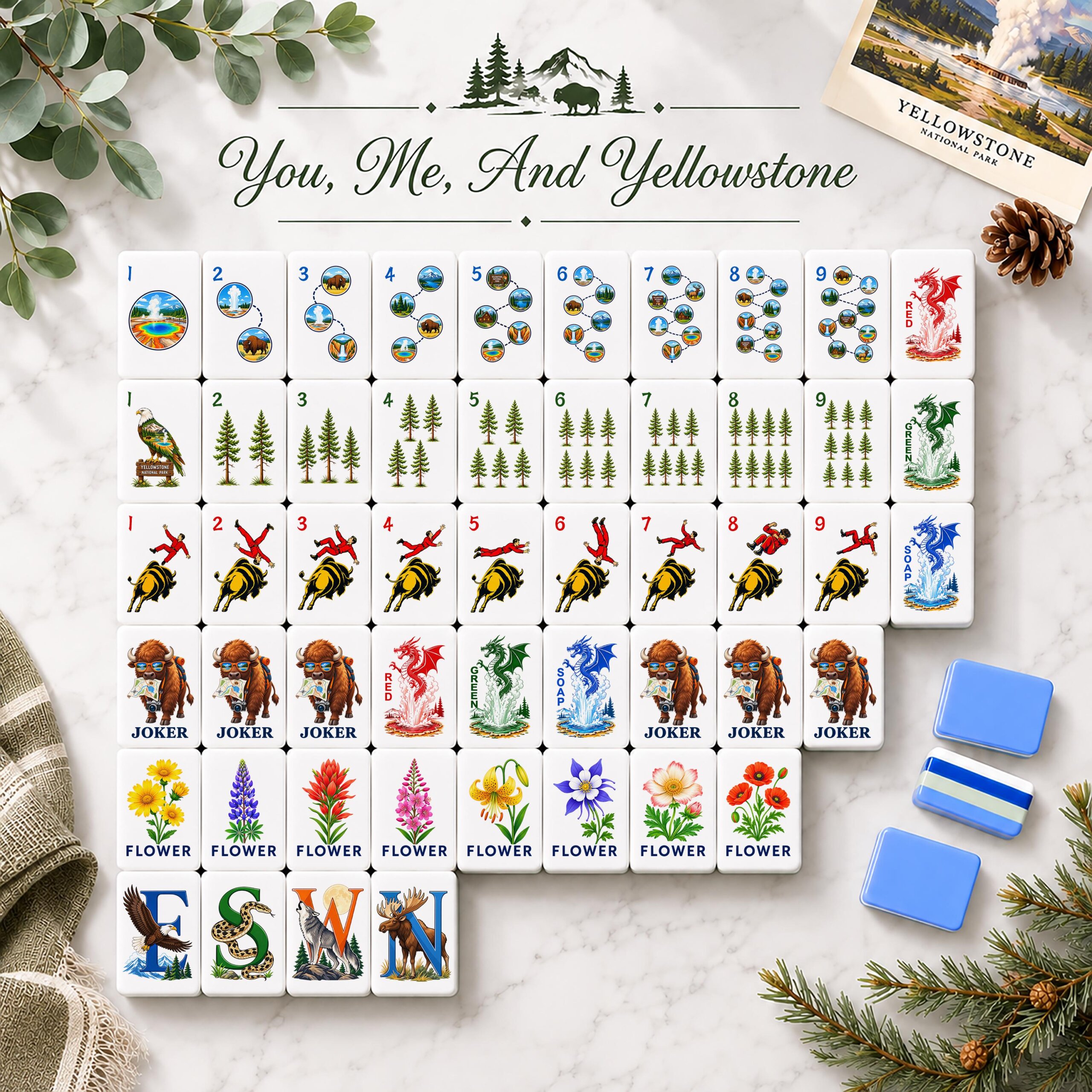 American Mahjong Set, Yellowstone Mahjong Tiles, Unique Mahjong Gift, National Park Game Set, Wildlife Gift for Mahjong