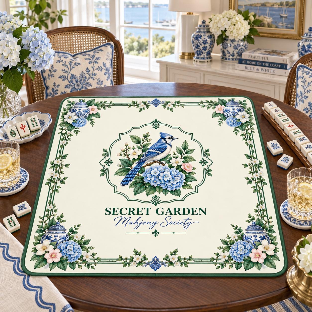 American Mahjong Set, Secret Garden Mahjong, Blue White Chinoiserie Tiles, 160 Acrylic Tiles, Custom Bulk Mahjong Gift -