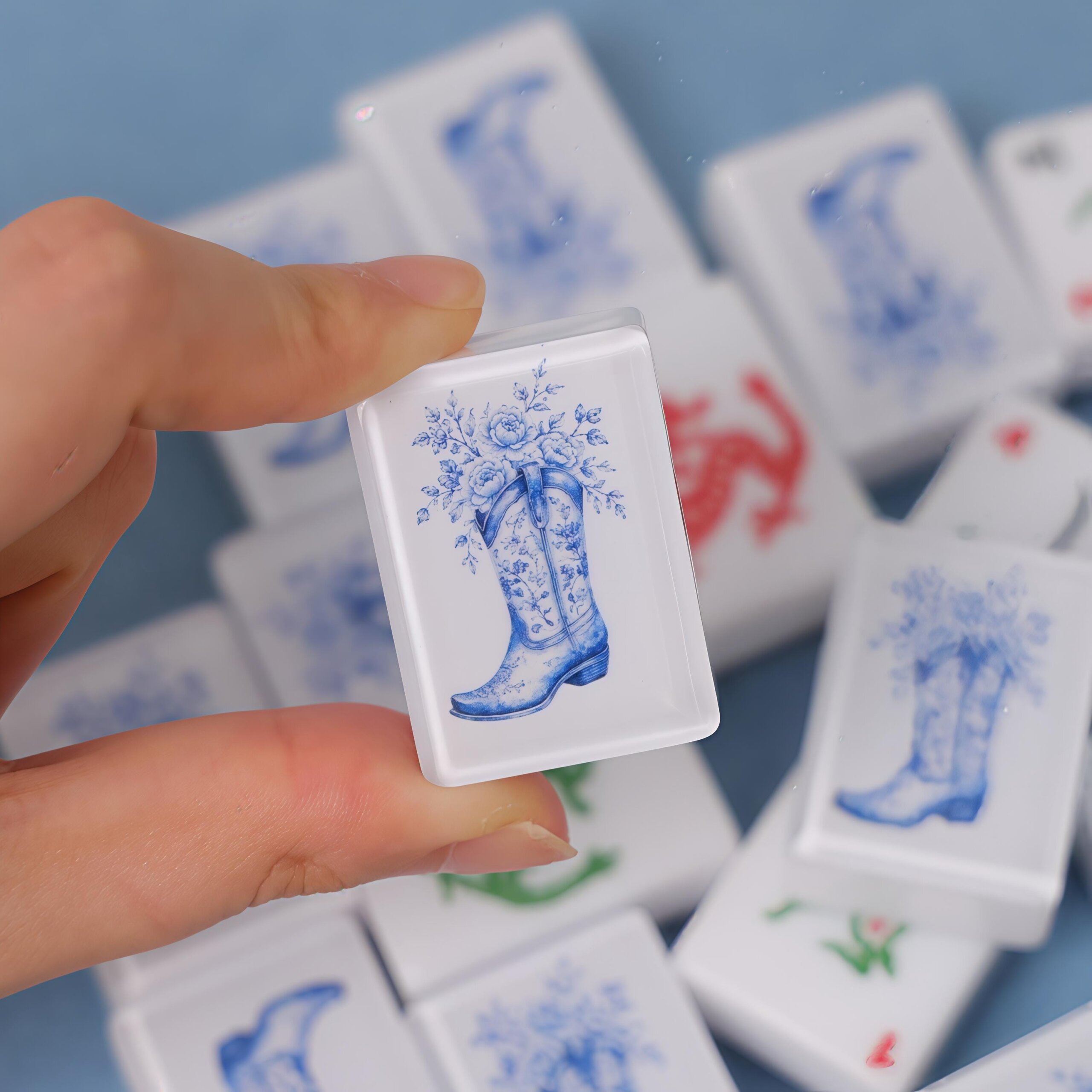 Blue Porcelain American Mahjong Set, Cowboy Boot Floral Tiles, Western 160 Tile Game Gift for Mahjong Players - 3