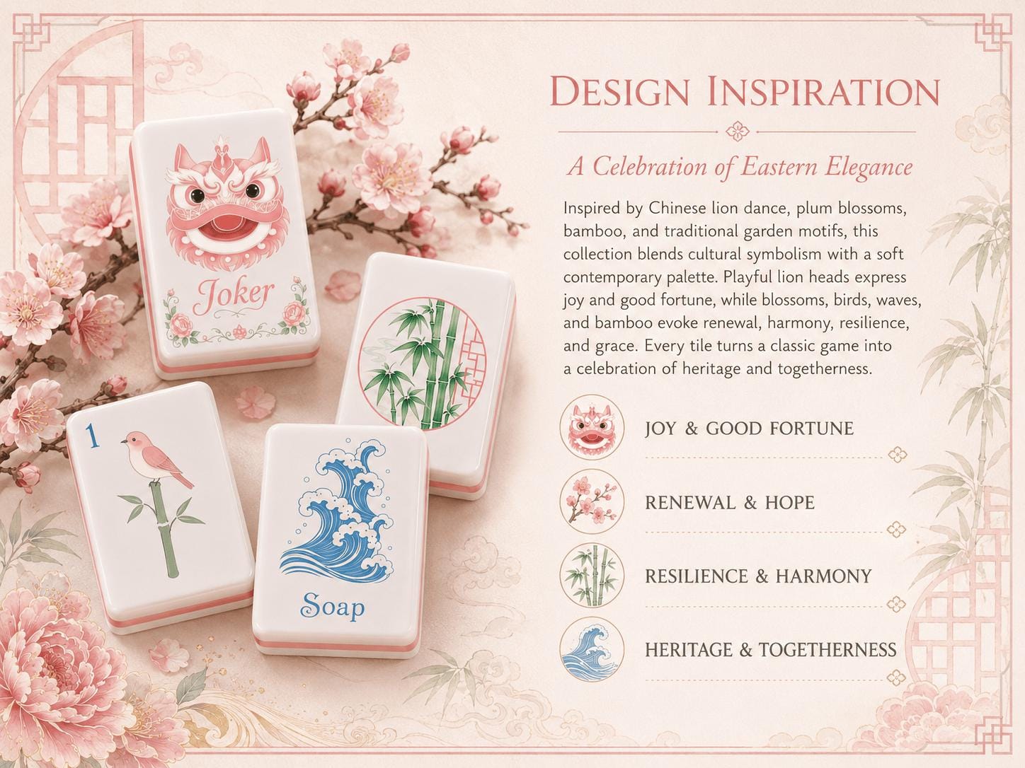 Lion Dance Mahjong Set, Pink Chinese Inspired American Mahjong Tiles, Floral Asian Style Acrylic Game Set, Unique Gift -