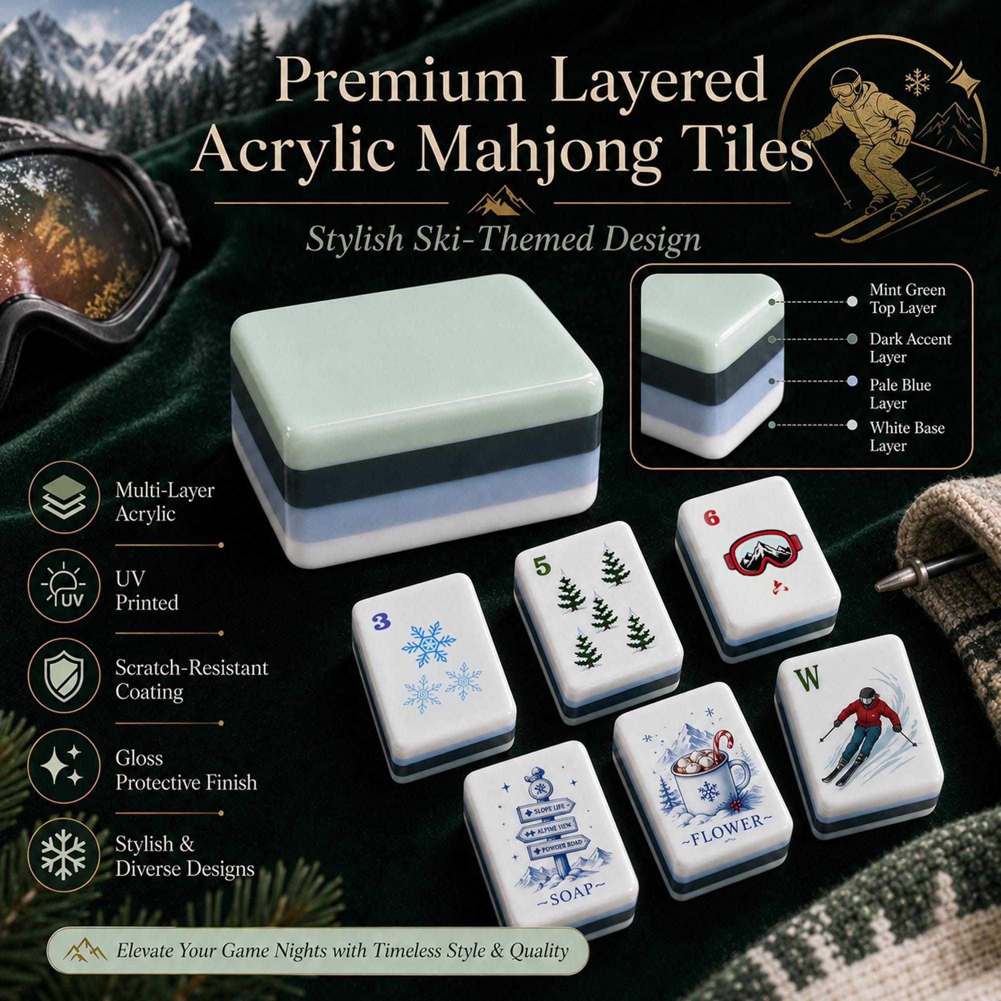 Ski Themed Mahjong Tile Set, 152 or 160 Tiles UV Print Mahjong Tiles, Gift for Ski Lovers - 3