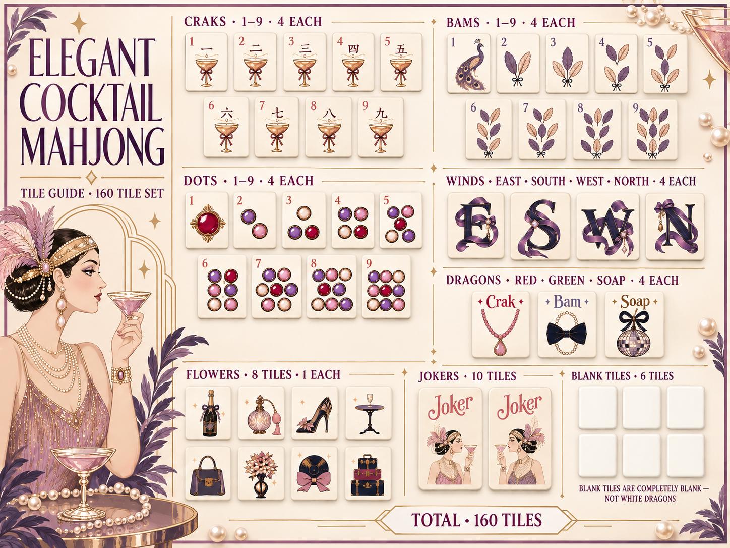 Cocktail Mahjong Set American Mahjong Tiles, Purple Luxury Design with Vintage Evening Party Style, Elegant Classic Game