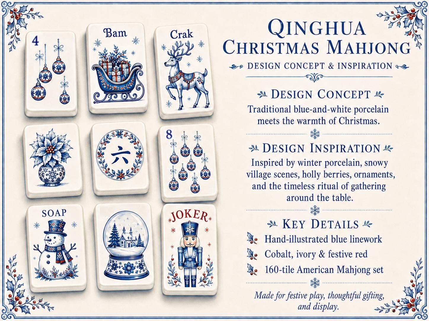 Blue White Christmas American Mahjong Set, Porcelain Style Acrylic 160 Tile Set, Winter Wonderland Mahjong Gift for Play