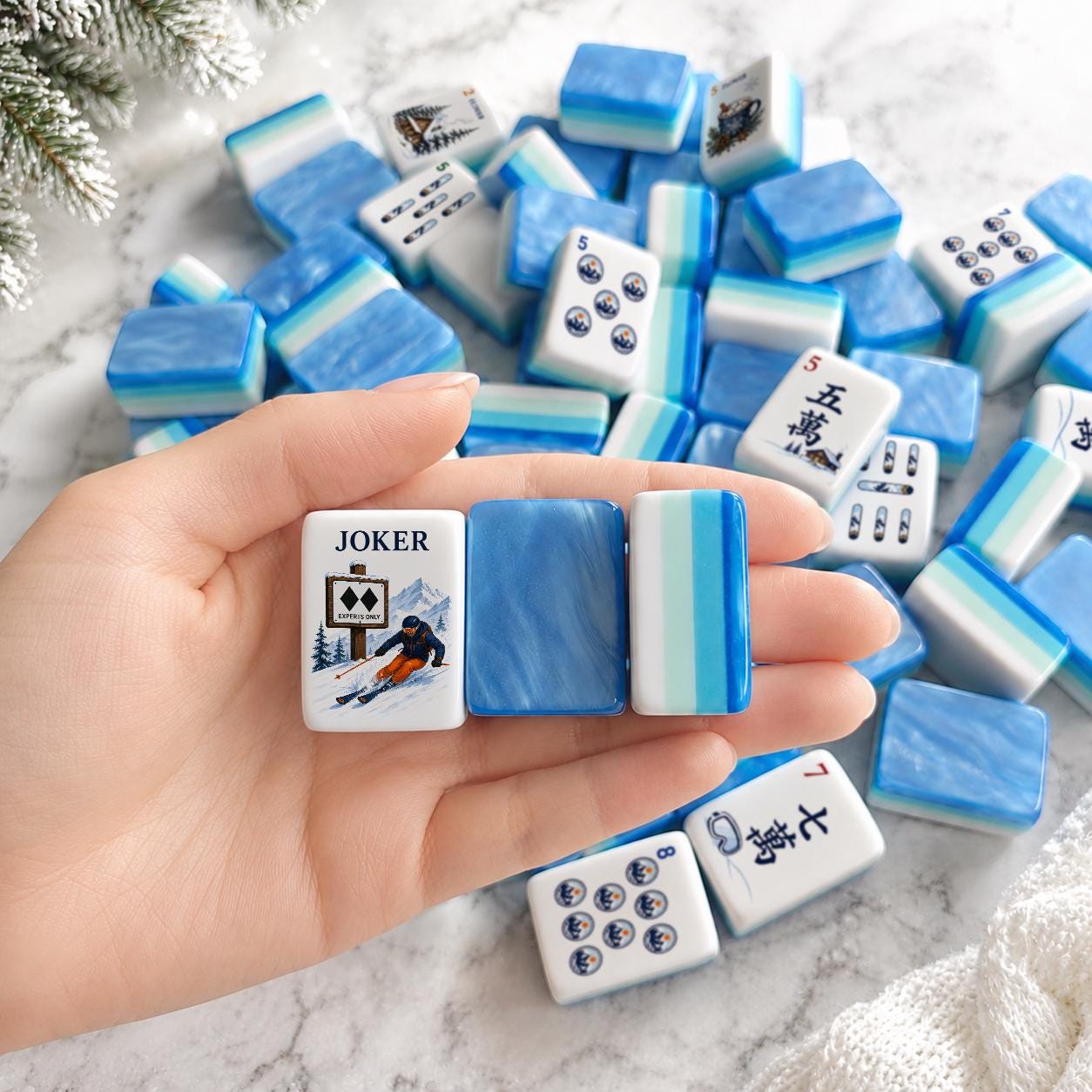 Alpine Ski American Mahjong Set, Winter Mountain Acrylic Mahjong Tiles, Blue Marble Back, Ski Lodge Gift, Luxury Gift fo