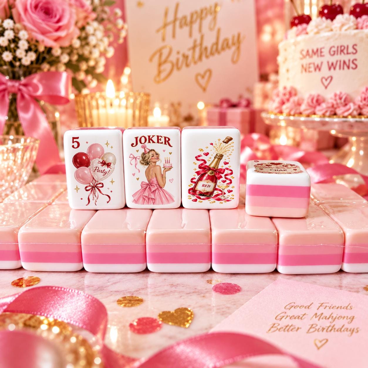 Birthday Party American Mahjong Set, Pink Mahjong Tiles, Girls Night Gift, Mahjong Birthday Gift, Custom Joker Tile, Mah