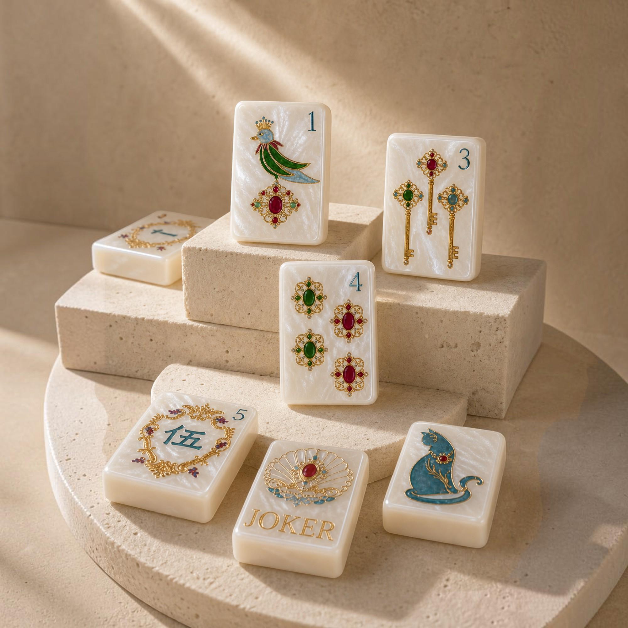 American Mahjong Set, 160 Pearlescent White Acrylic Tiles, Gold Filigree and Jewel-Inspired Designs - 3