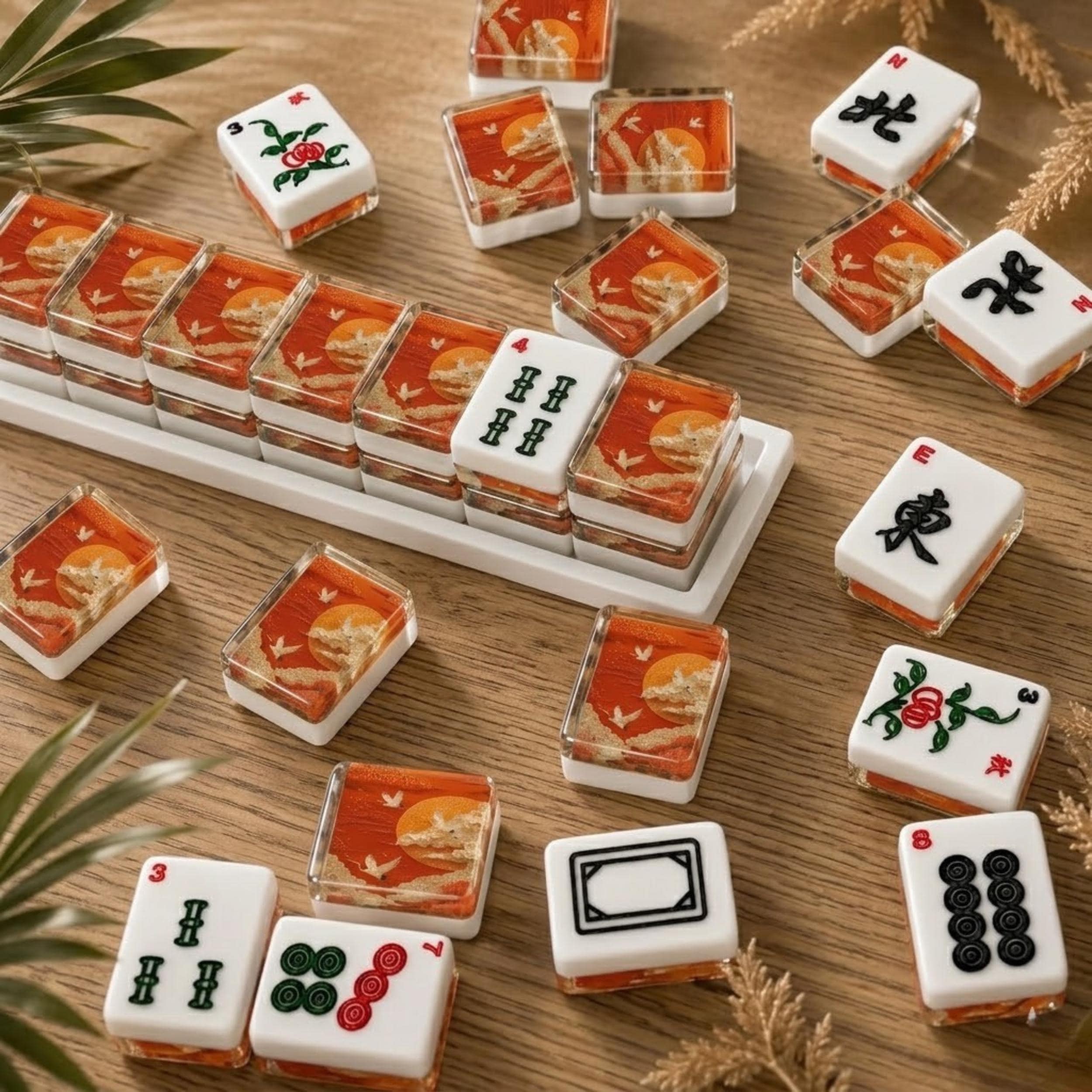 Luxury Red Crane Mahjong Tiles |1.4"x1.0"x0.6" American Mahjong Acrylic Tiles with Asian Art Backs | Luxe Mahjong Gift |