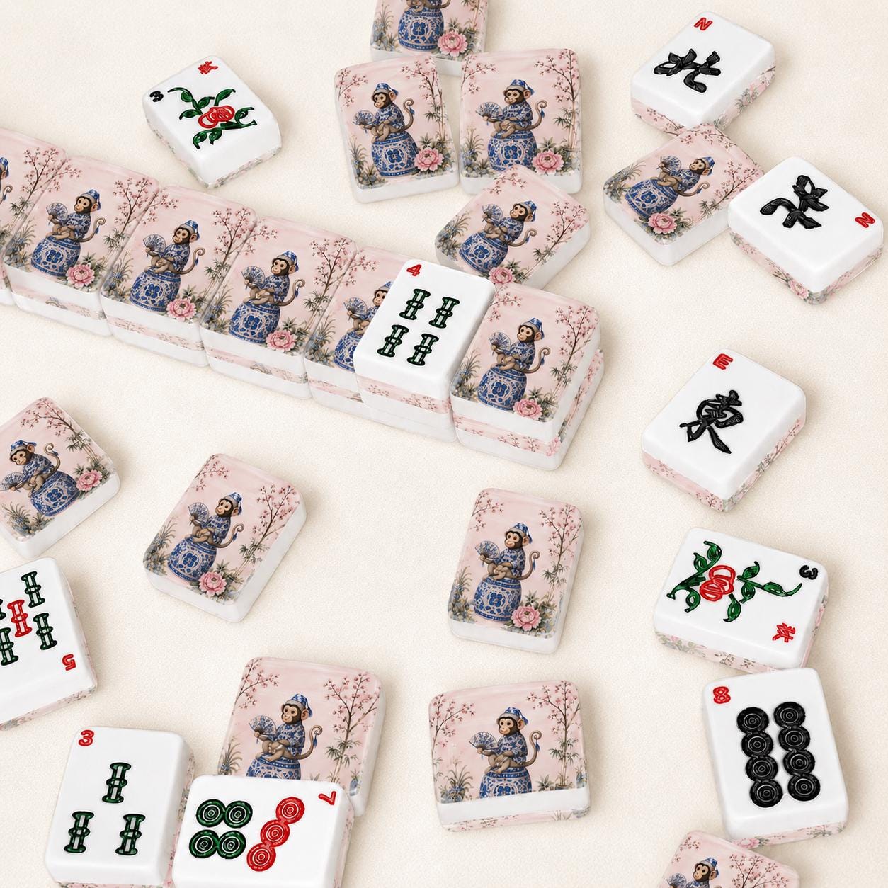 Chinoiserie Monkey Mahjong Tiles, 1.4"x1.0"x0.6" Luxury American Mahjong Tiles, Asian Heritage Mahjong Gift, Premium Ame