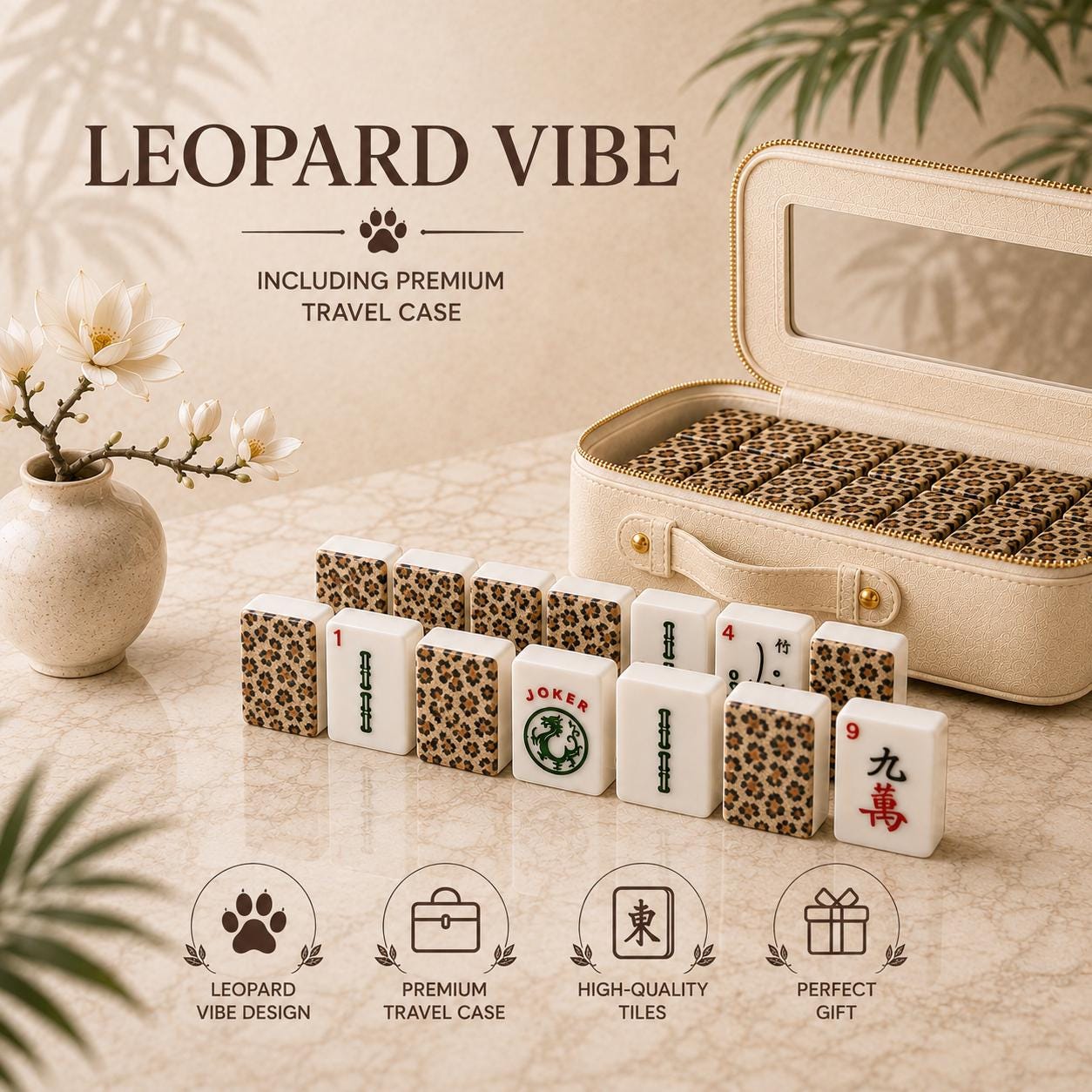 Leopard Mahjong Tiles |1.4"x1.0"x0.6" American Mahjong Acrylic Tiles with Leopard Print Backs | Preppy Luxe Mahjong Gift
