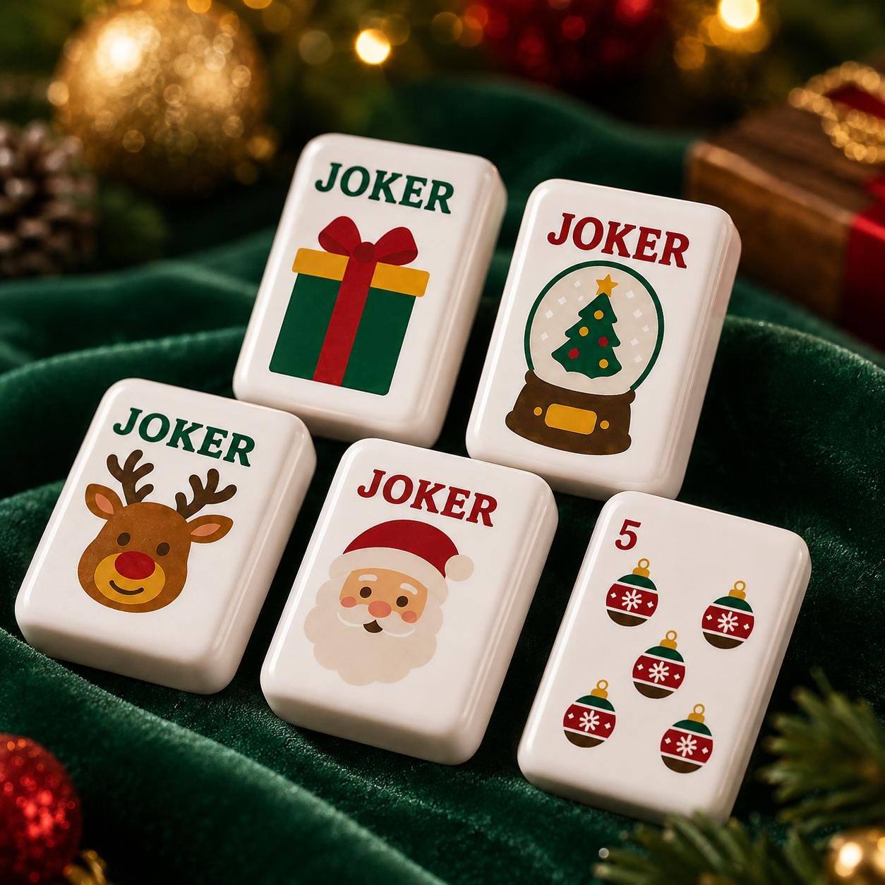 Christmas Mahjong Tiles Set, Green Glitter American Mahjong Tiles, Santa Reindeer Gingerbread Joker Tiles, Festive Holid