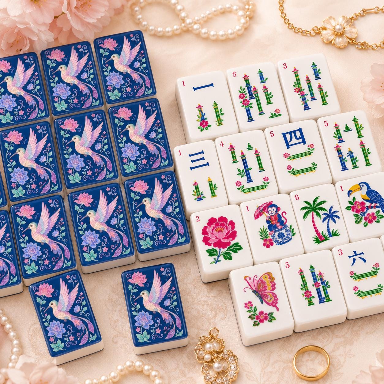Floral Humming Bird Mahjong Tiles, Blue Marble American Mahjong Set, Pink Parasol Floral Acrylic Tiles, Grandmillennial