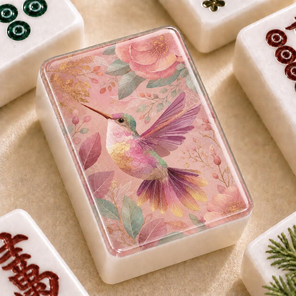 Humming Bird Mahjong Tiles, Blue Marble American Mahjong Set, Pink Parasol Floral Acrylic Tiles, Grandmillennial Mahjong