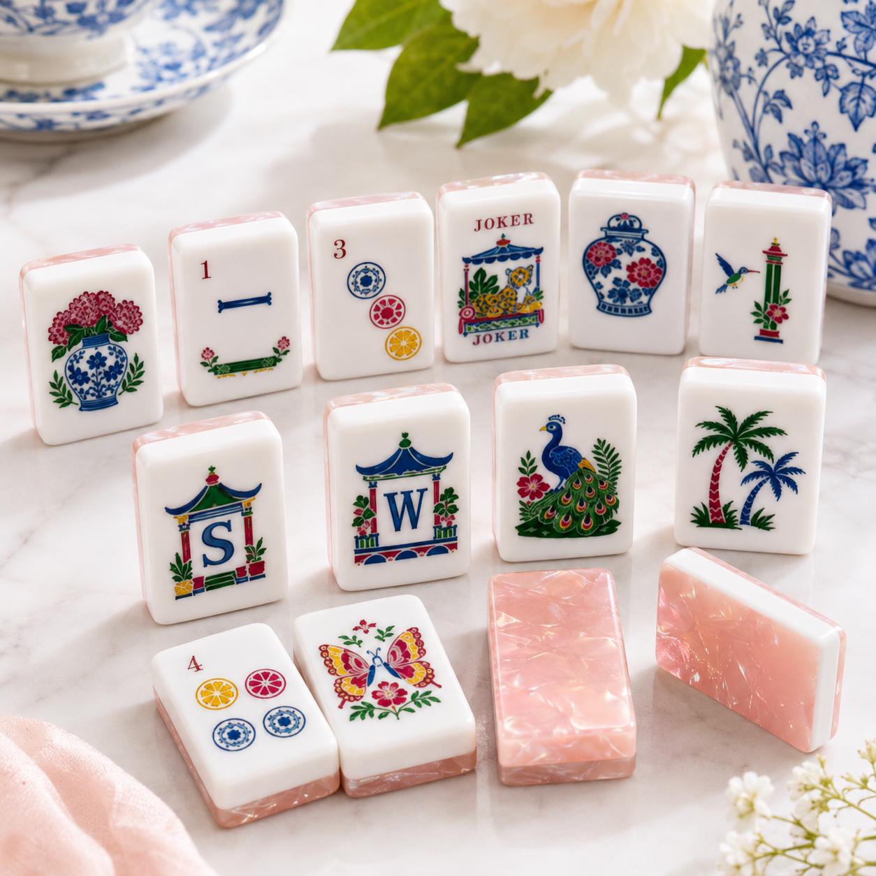 Pink Chinoiserie Mahjong Tiles 1.4"x1.0"x0.6", American Mahjong Set, Blue White Floral Acrylic Tiles, Luxury Mahjong Gif