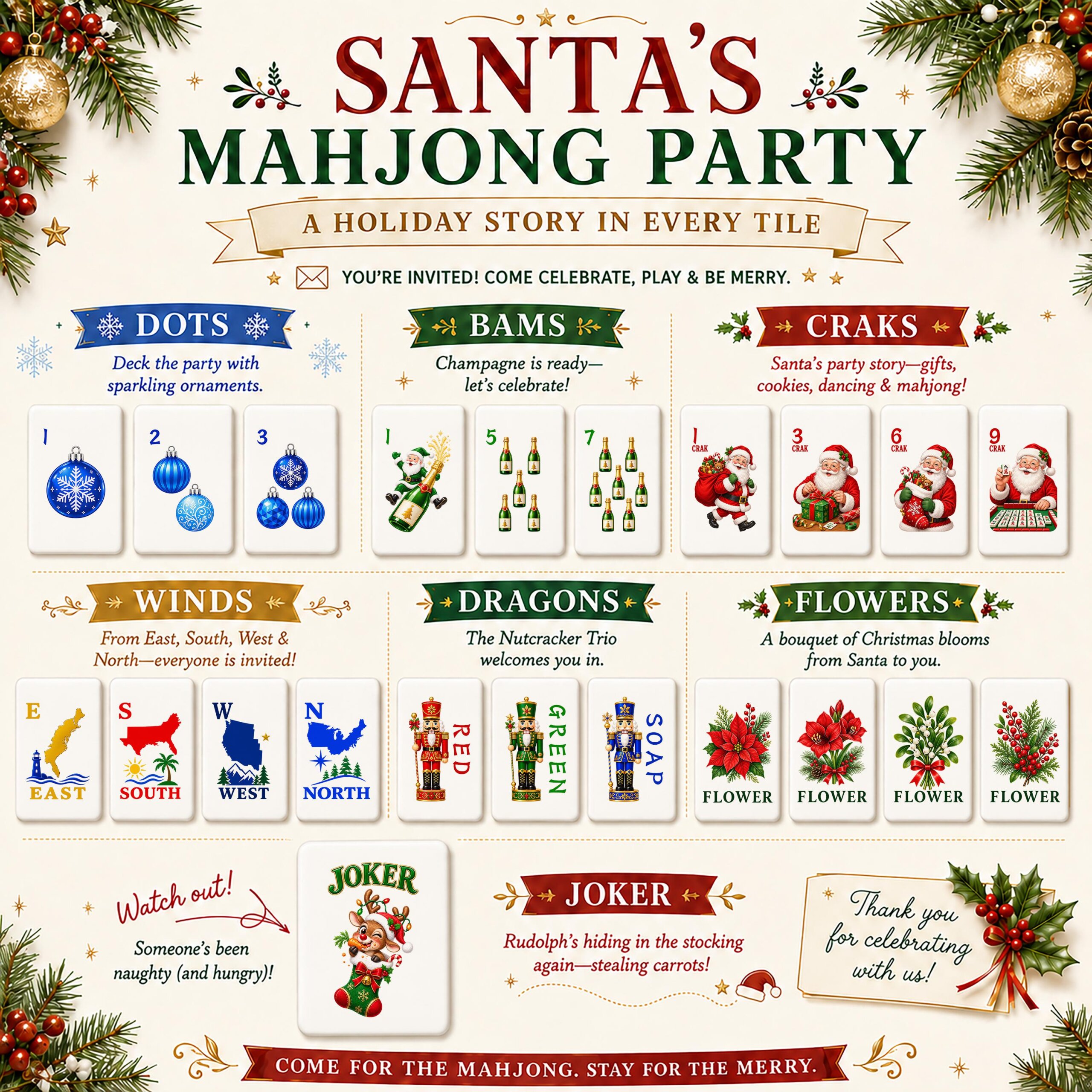 Christmas American Mahjong Set, 160 Mah Jongg Tiles, Santa Mahjong, Matching Mahjong Mat Option, Holiday Mahjong Game -
