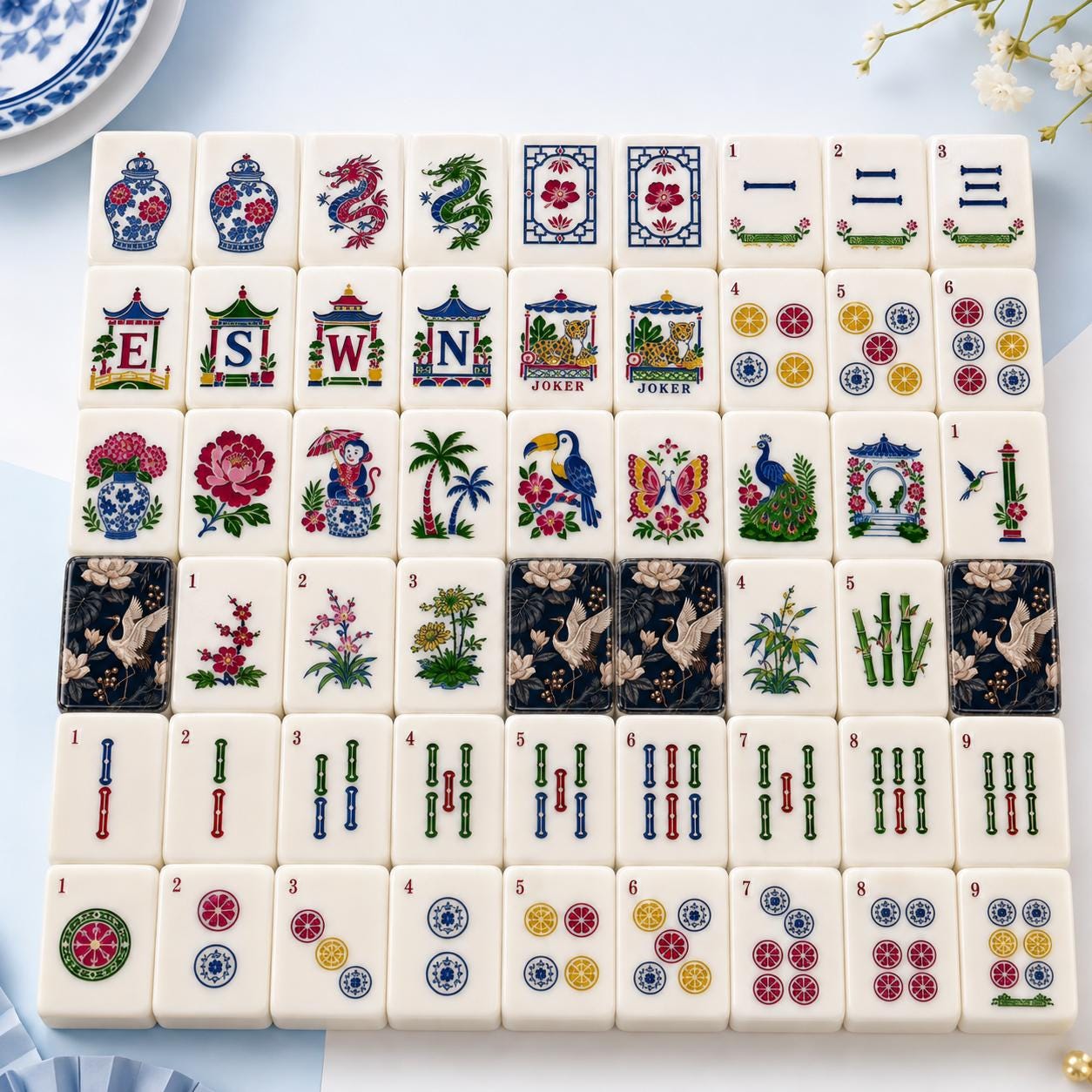 Navy Chinoiserie Crane Mahjong Tiles Set, Luxury Acrylic Mahjong Tiles, Elegant American Mahjong Set, Oriental Floral Ma