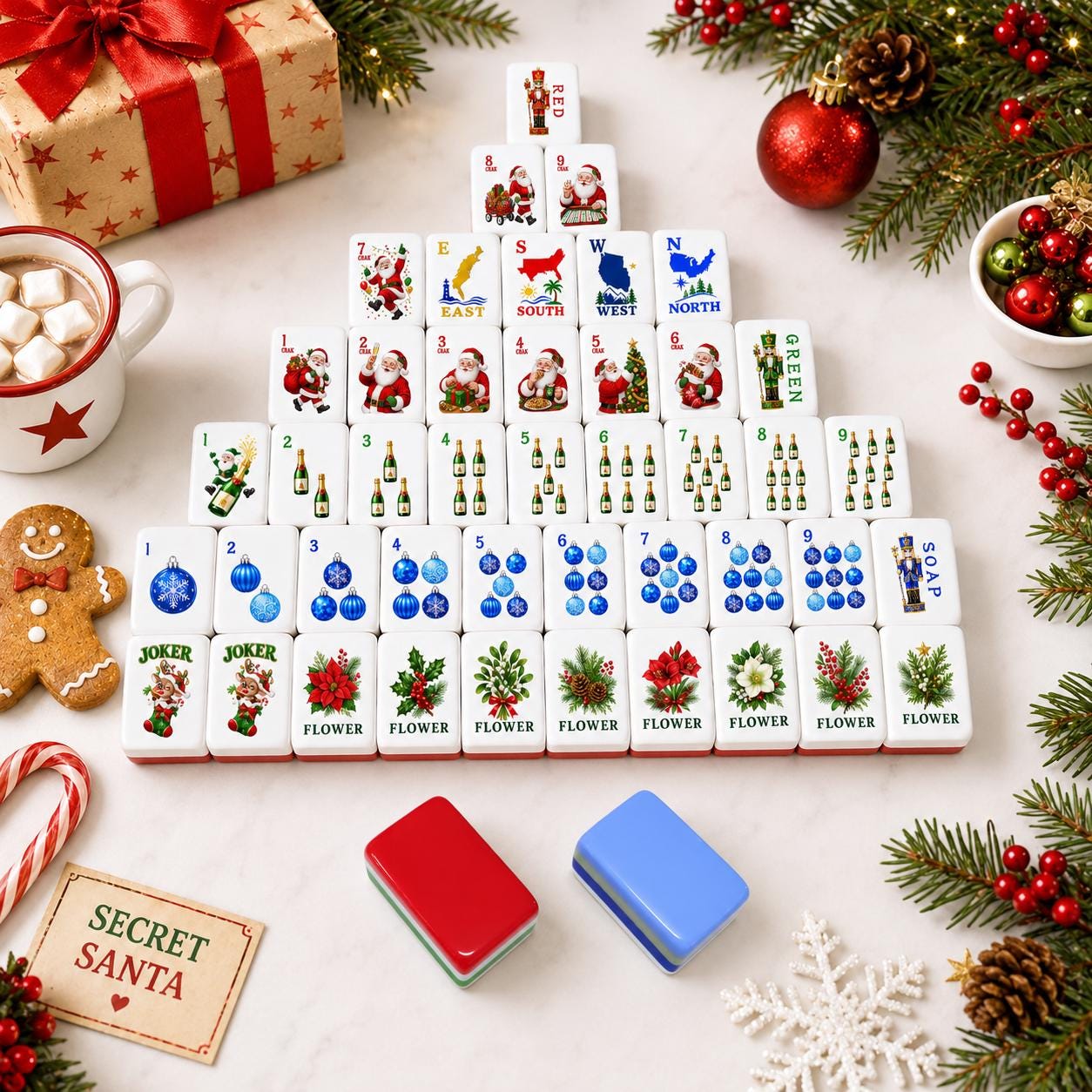 Santa Mahjong Party Set, Christmas Mah Jongg Tiles, 160-Piece American Mahjong Set, Holiday Game Night Gift for Women &