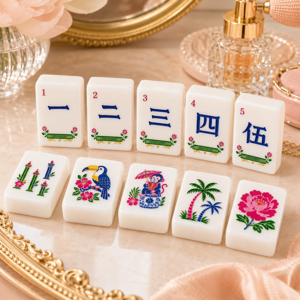Pink Koi Lotus Mahjong Tiles Set, Luxury Acrylic American Mahjong Tiles, Floral Chinese Inspired Game Set, Elegant Mahj