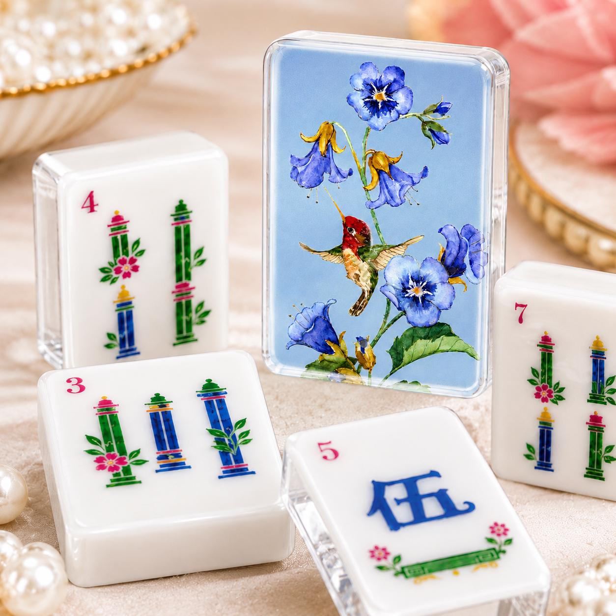 Blue Hummingbird Floral Mahjong Tiles Set, Elegant American Mah Jongg Game Set, 1.4 x 1.0 x 0.6 in 160pc Acrylic Mahjong