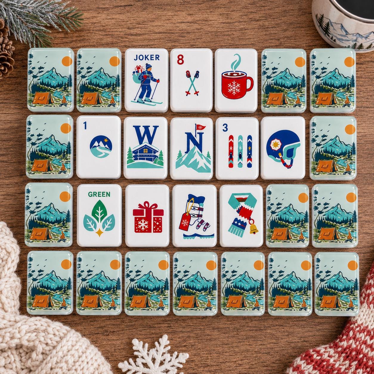 Ski Camping Mahjong Tiles Set, Winter Outdoor American Mah Jongg Set, Acrylic Mahjong Tiles, Adventure Camp Design - 3