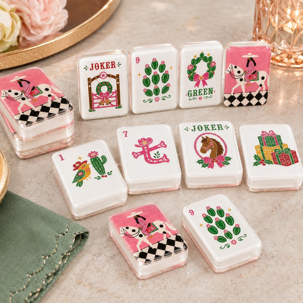 Christmas Western Mahjong Tiles | 1.4"x1.0"xx06" 4-Layered Acrylic American Mahjong Tiles | Holiday Horse & Cactus Desig