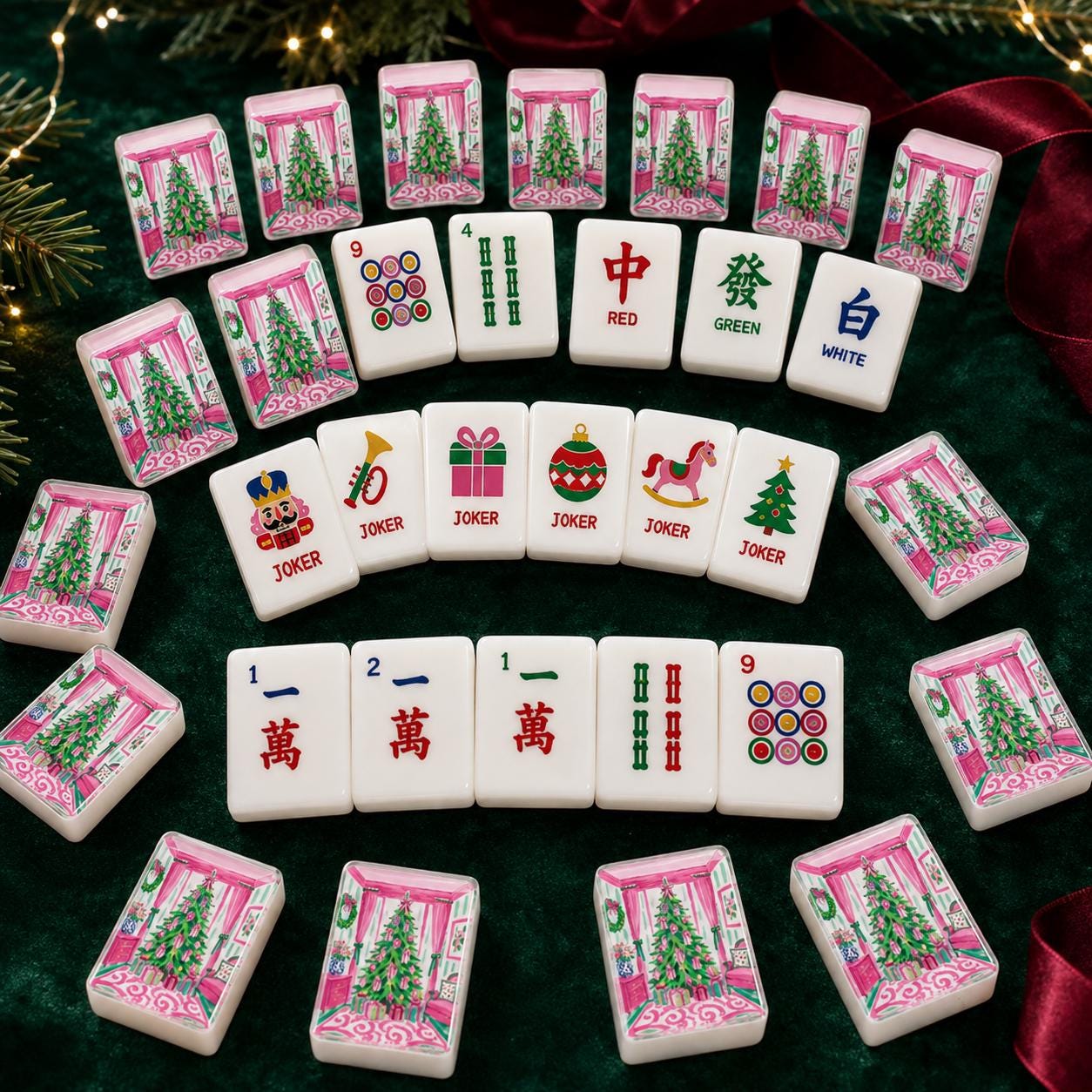 Pink Chinoiserie Christmas Mahjong Tiles Set | 1.4"x1.0"x0.6" Acrylic American Mah Jongg Tiles | 160 pc Holiday Mahjong