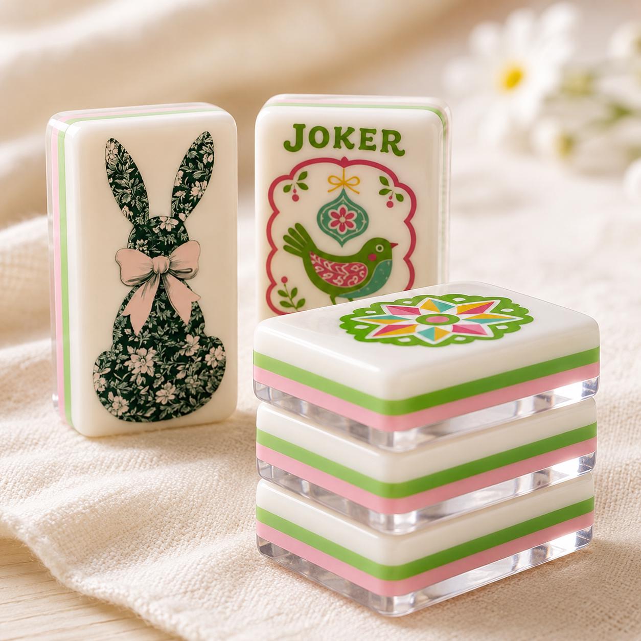 Floral Bunny Mahjong Tiles, Pink Green Rabbit Mahjong Set, Coquette Spring Mahjong Tiles, Cottagecore Mahjong Gift for H