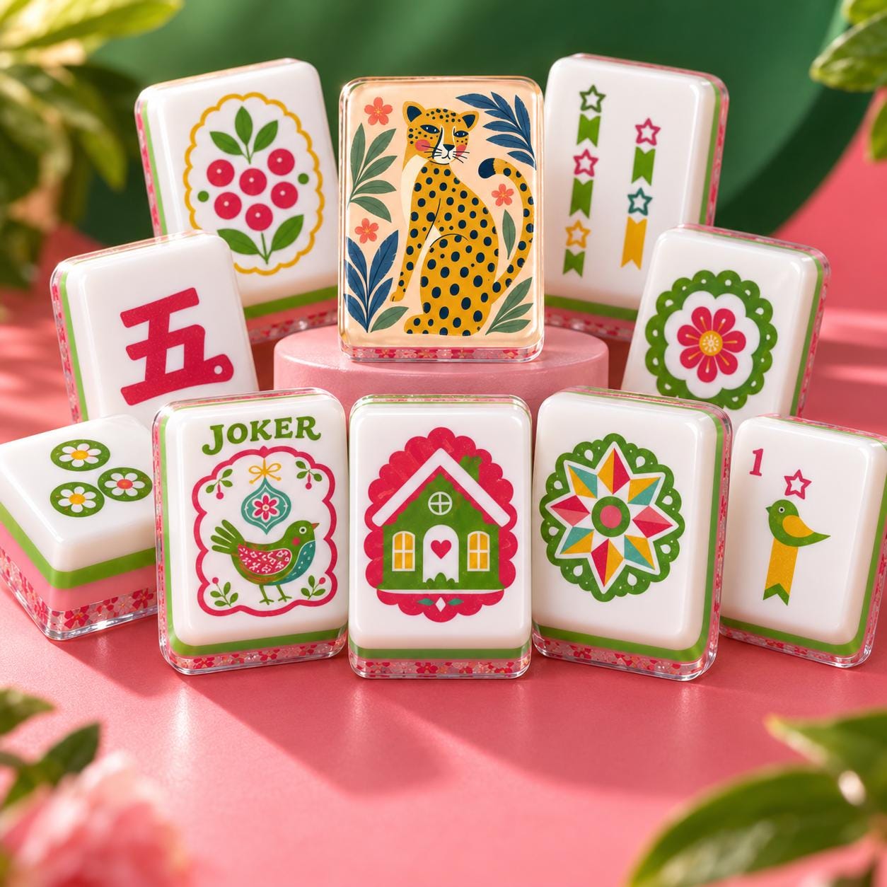 Leopard Mahjong Tiles Set, 4 Layer Acrylic Mahjong Tiles, Colorful Folk Art Jungle Mahjong Set, Pink Green Mahjong Tiles