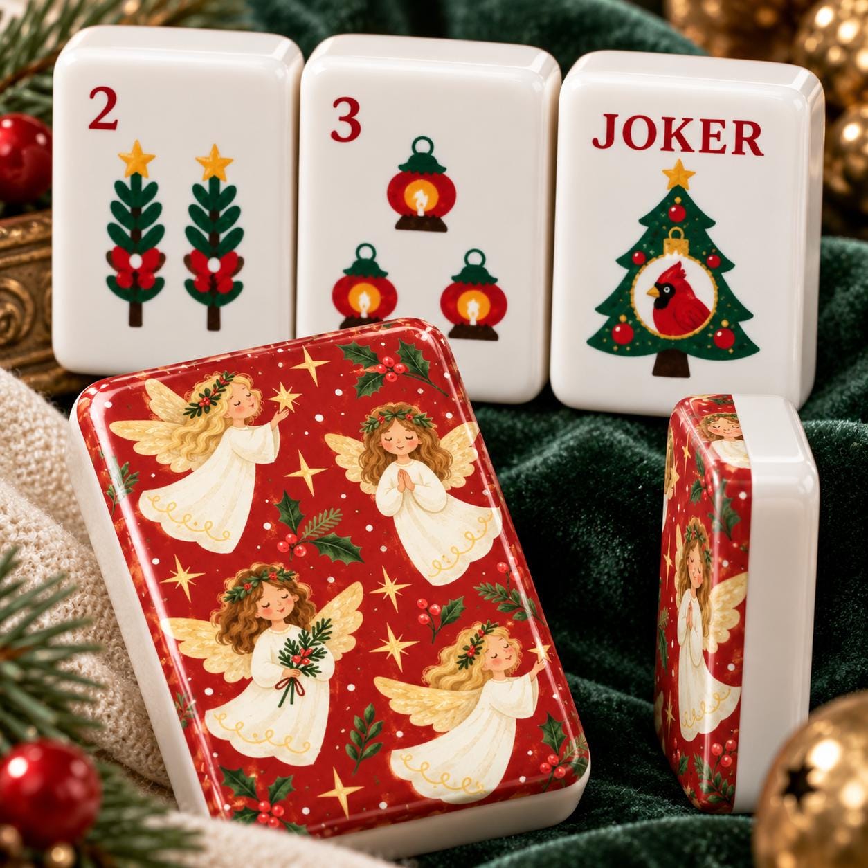 Christmas Angel Mahjong Tiles, 1.4" Cardinal Joker Mahjong Set, Red Holiday Mah Jongg Tiles, Vintage Christmas Mahjong G