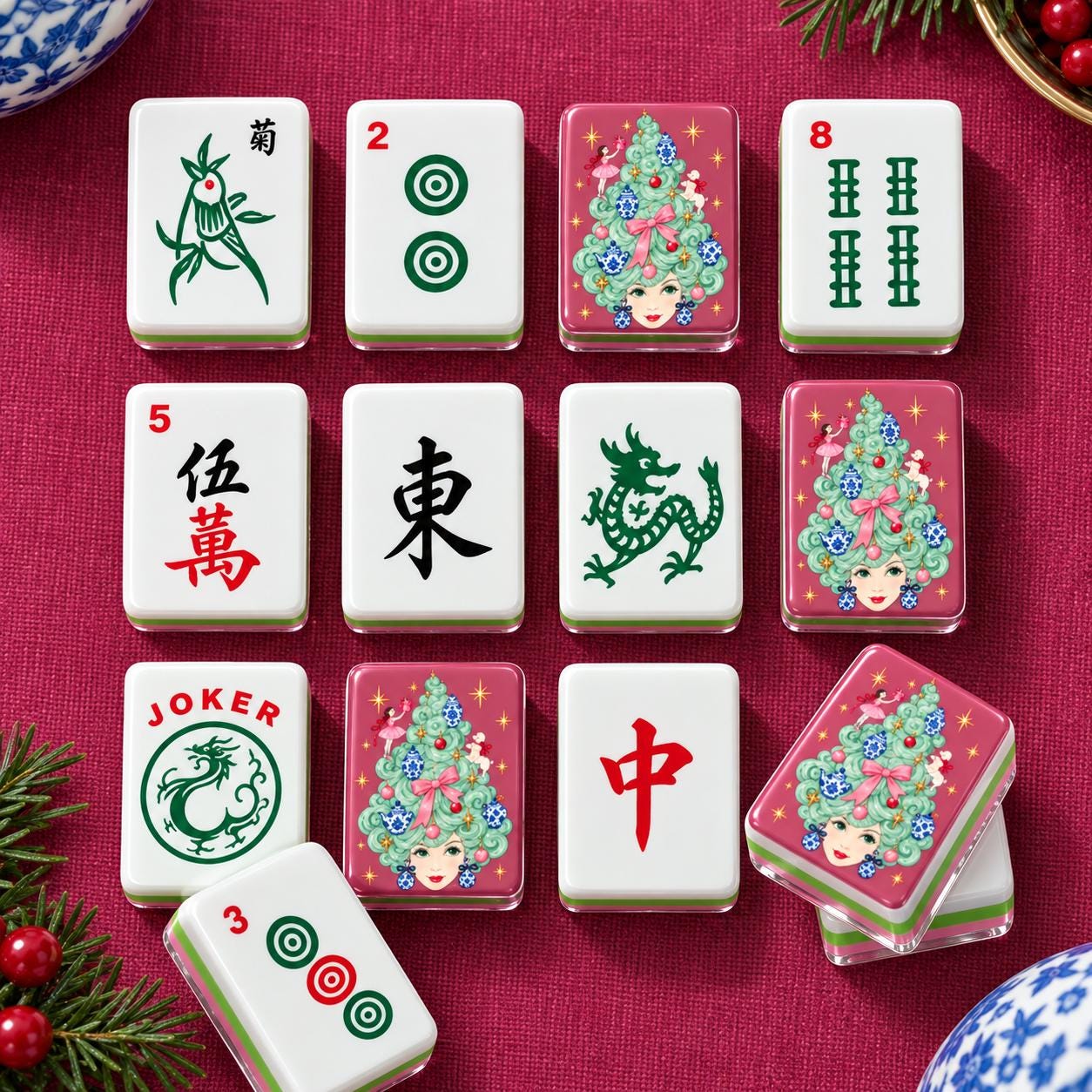 Pink Chinoiserie Christmas Mahjong Tiles, 4-Layered Holiday Mahjong Set, Ginger Jar Christmas Tree Tiles, Preppy America