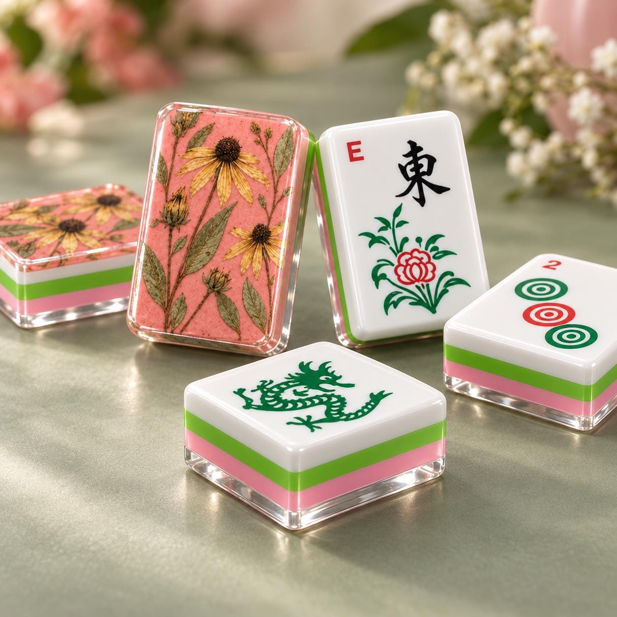 Pressed Flower Mahjong Tiles, 4-Layered Acrylic American Mahjong Set, Pink Botanical Tile Set, Floral Mahjong Gift, Host