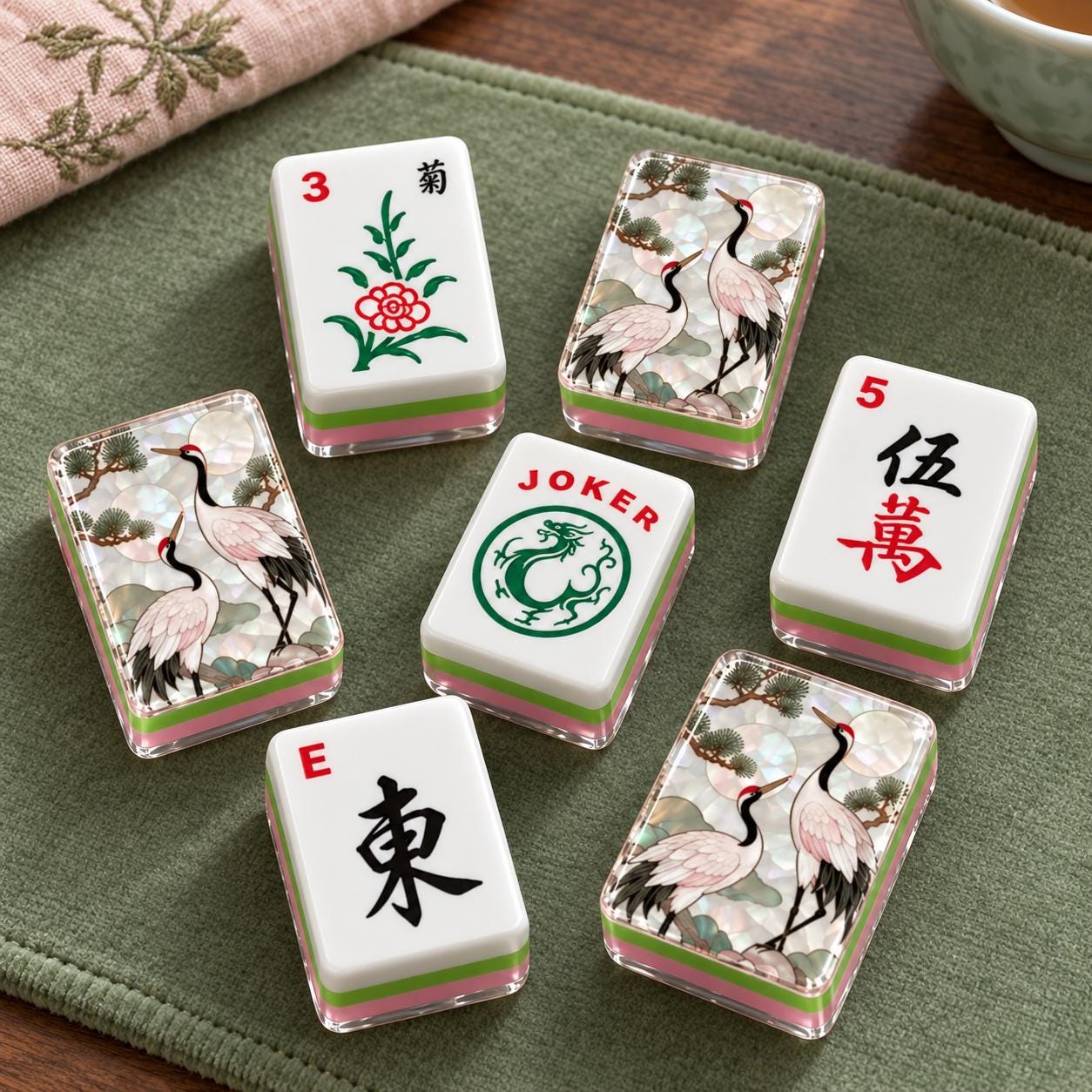 Crane and Pine Mahjong Tiles, 4-Layer American Mahjong Set, Faux Mother of Pearl Design, Pink and Green Chinoiserie, Hos