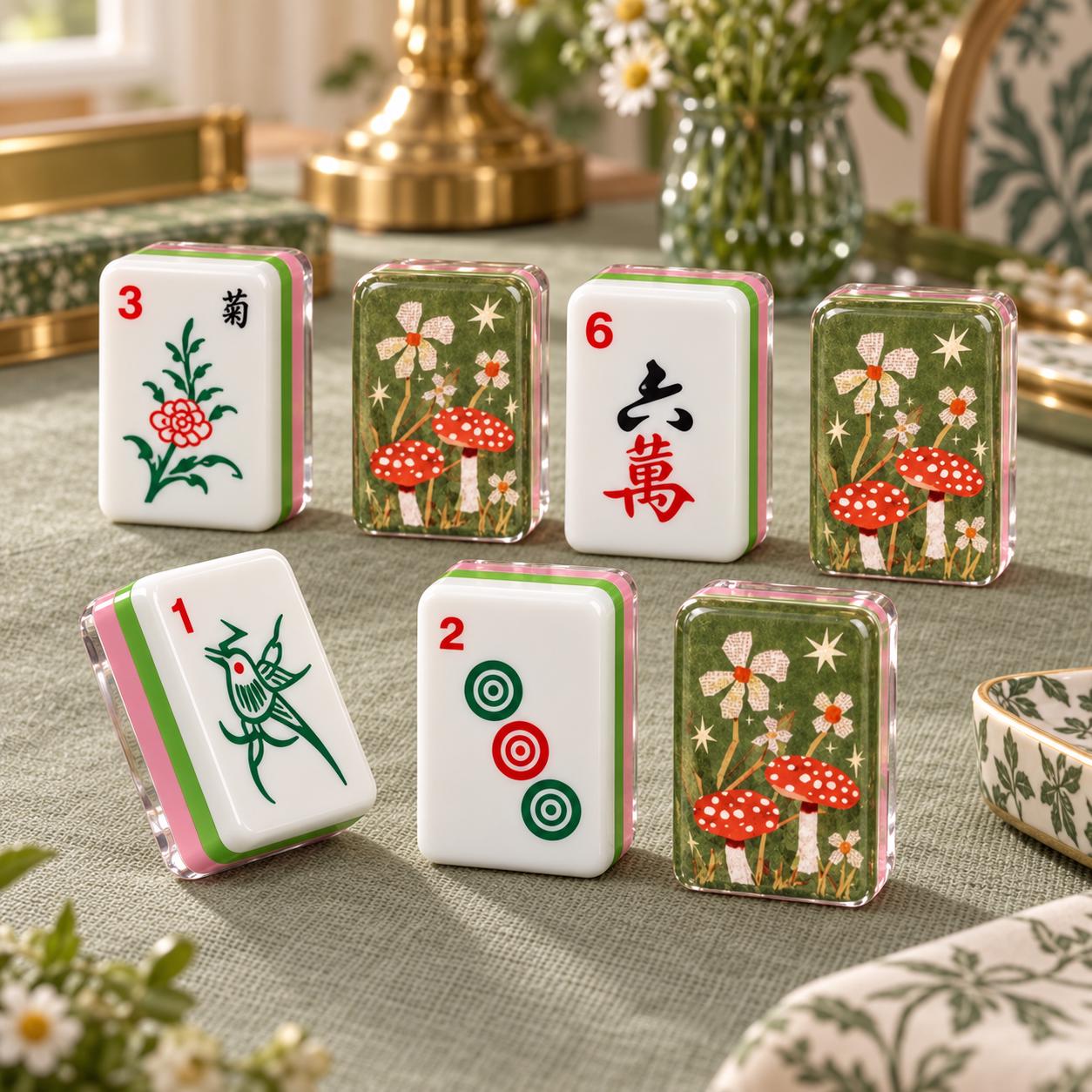 Woodland Mushroom Mahjong Tiles, 1.4" Acrylic American Mahjong Set, Cottagecore Forest Tile Set, Botanical Mahjong Gift,